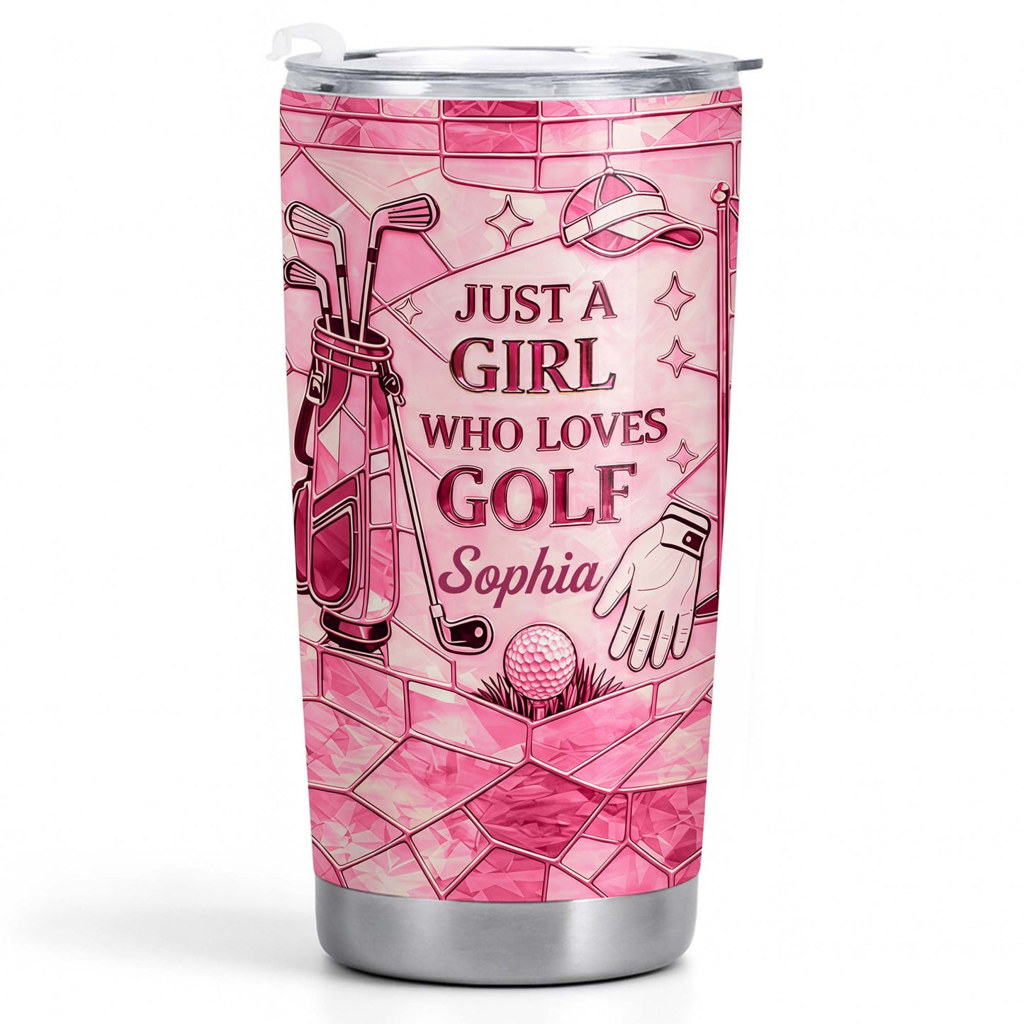 Just A Girl Who Loves Golf With Pink Stained Glass Art - Personalized Custom Stainless Steel Tumbler 20oz 30oz - GOLF020_TB