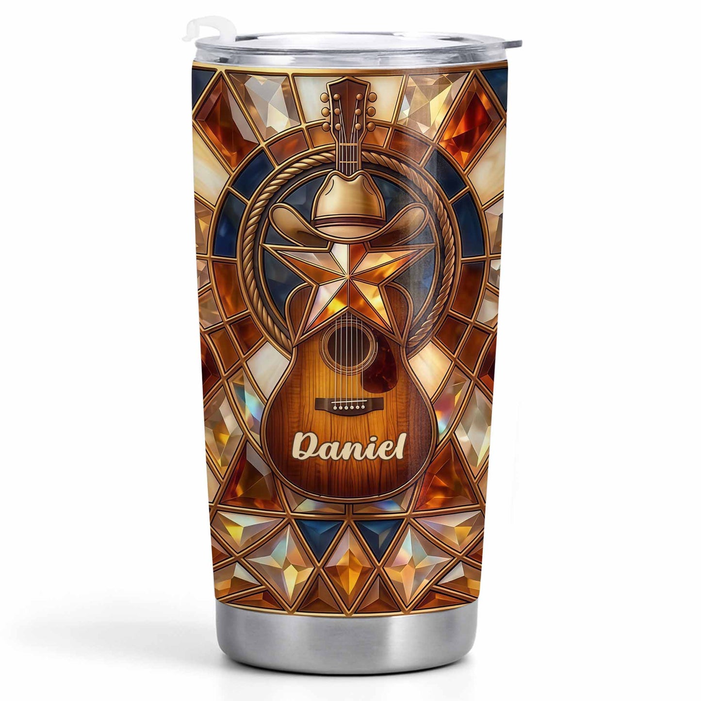Stained Glass Country Music Spirit With Guitar And Cowboy Hat - Personalized Custom Stainless Steel Tumbler 20oz 30oz - MUSIC014_TB