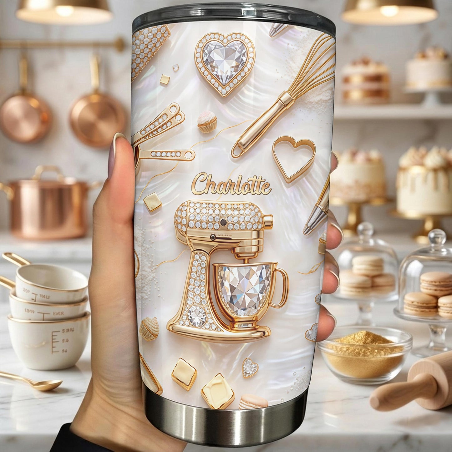 Baking With Love With 3D Golden Mixer And Whisk Mother Of Pearl - Personalized Custom Stainless Steel Tumbler 20oz 30oz - BAKE030_TB