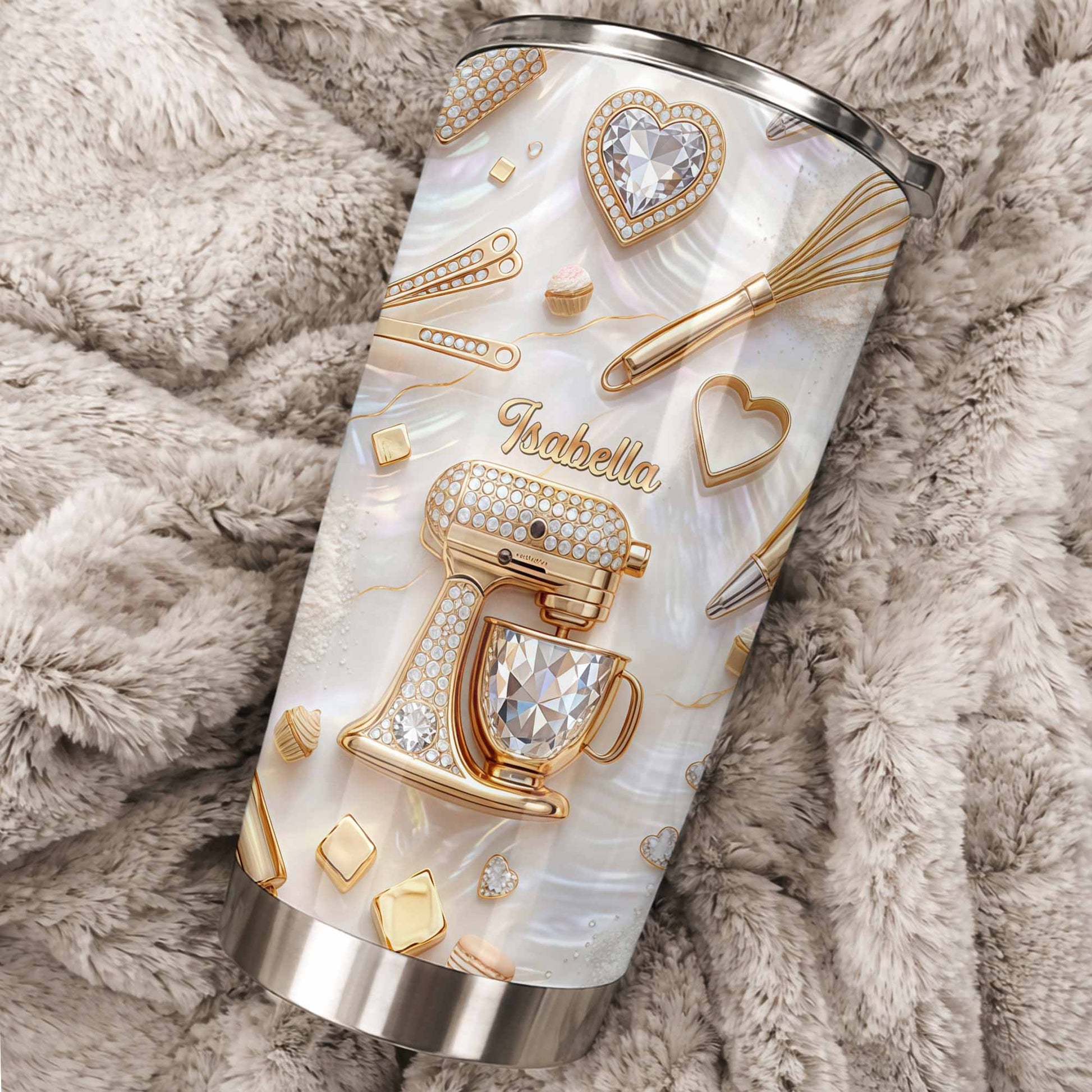Baking With Love With 3D Golden Mixer And Whisk Mother Of Pearl - Personalized Custom Stainless Steel Tumbler 20oz 30oz - BAKE030_TB