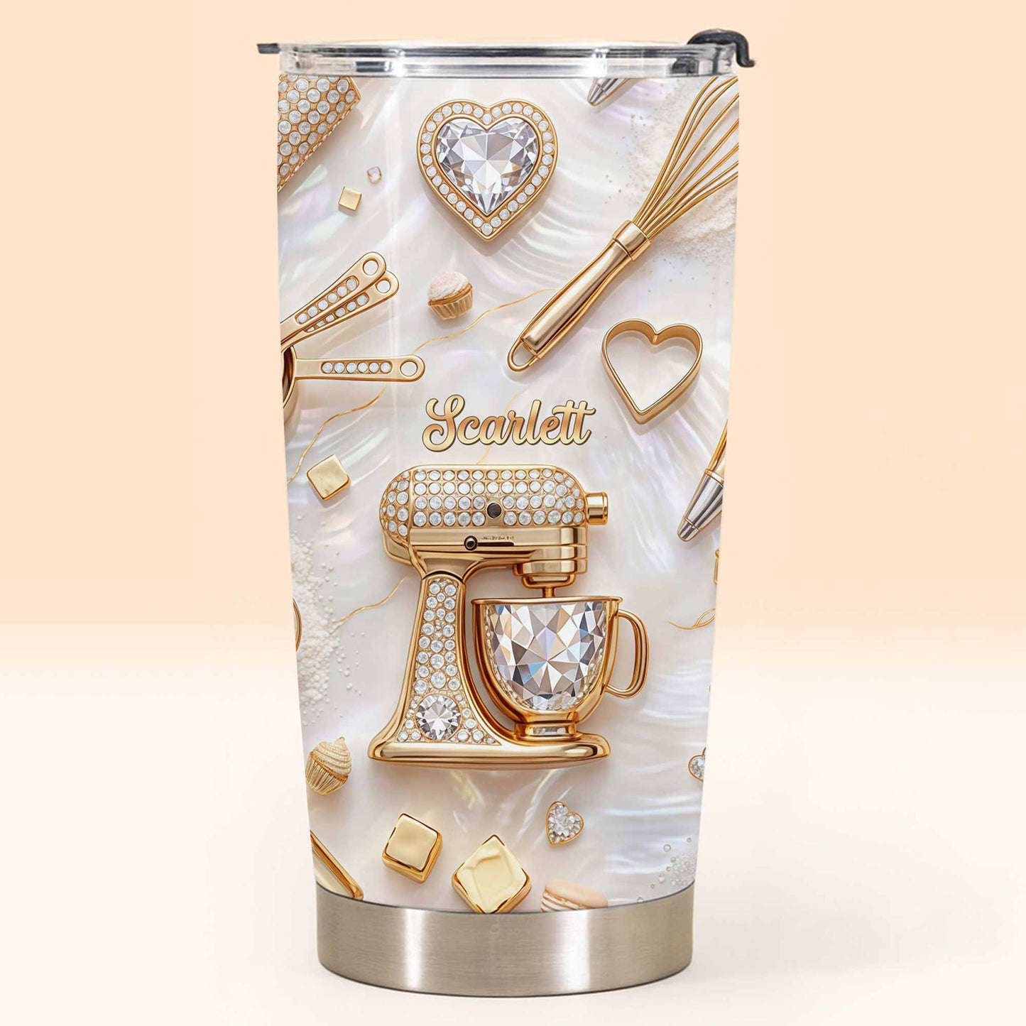 Baking With Love With 3D Golden Mixer And Whisk Mother Of Pearl - Personalized Custom Stainless Steel Tumbler 20oz 30oz - BAKE030_TB