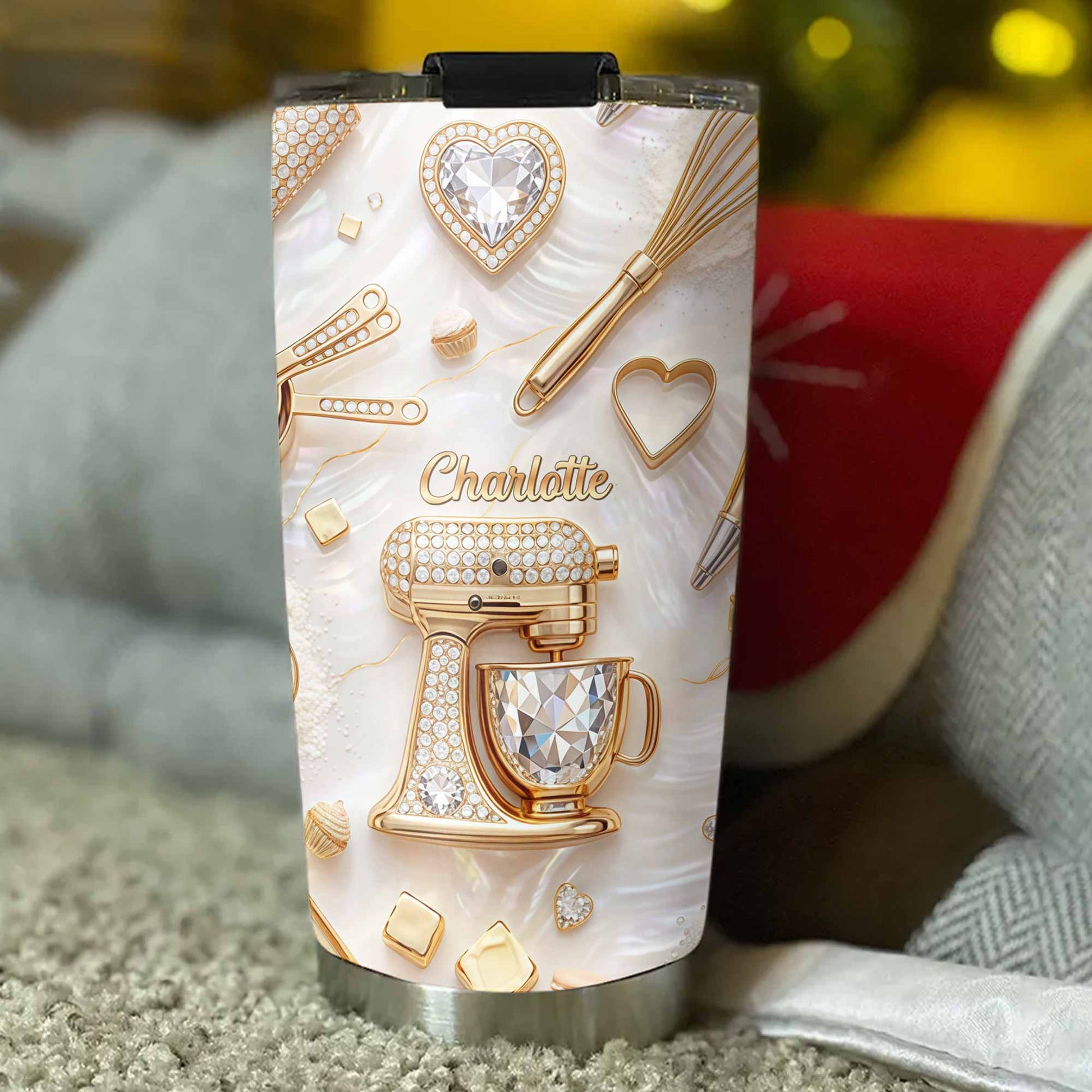 Baking With Love With 3D Golden Mixer And Whisk Mother Of Pearl - Personalized Custom Stainless Steel Tumbler 20oz 30oz - BAKE030_TB