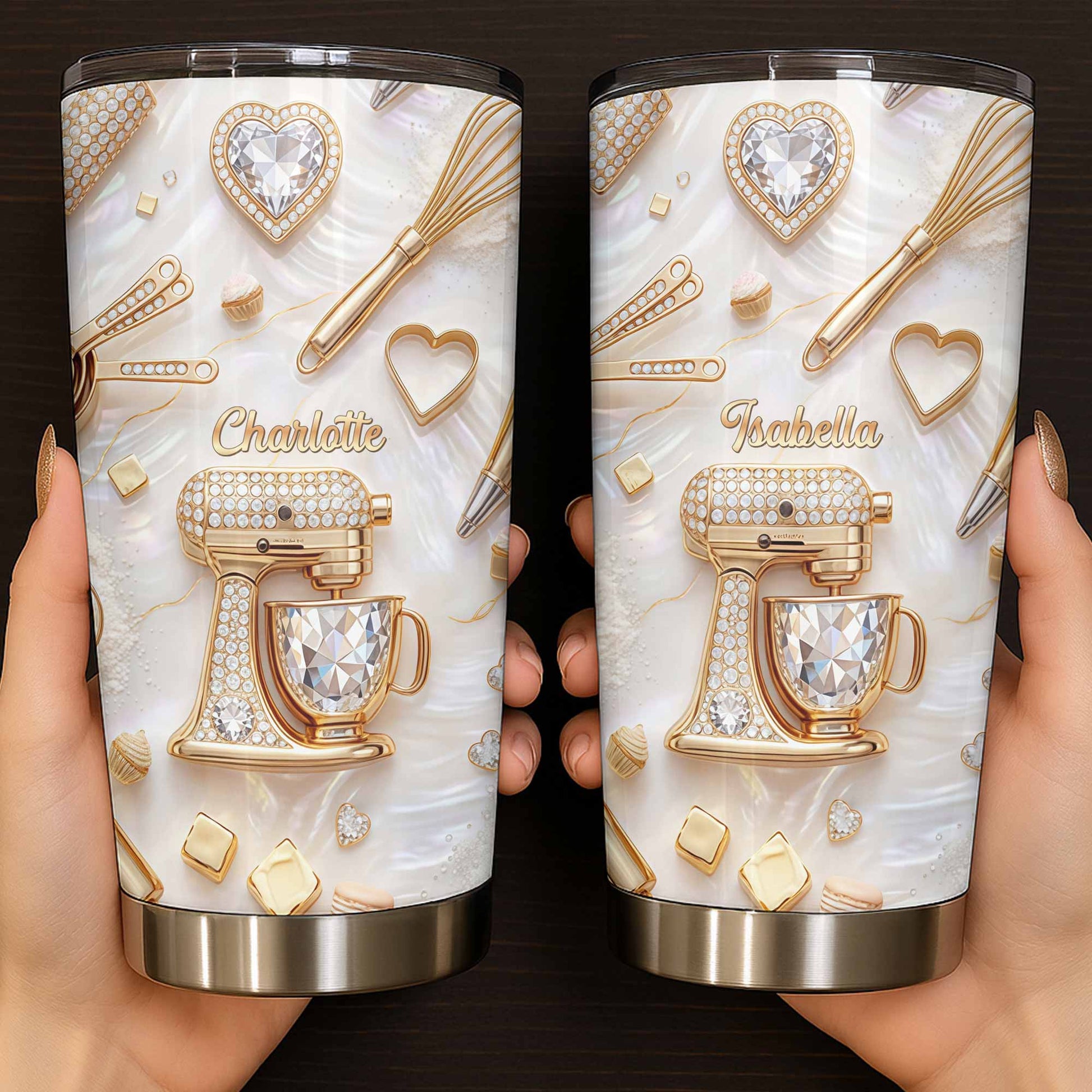 Baking With Love With 3D Golden Mixer And Whisk Mother Of Pearl - Personalized Custom Stainless Steel Tumbler 20oz 30oz - BAKE030_TB