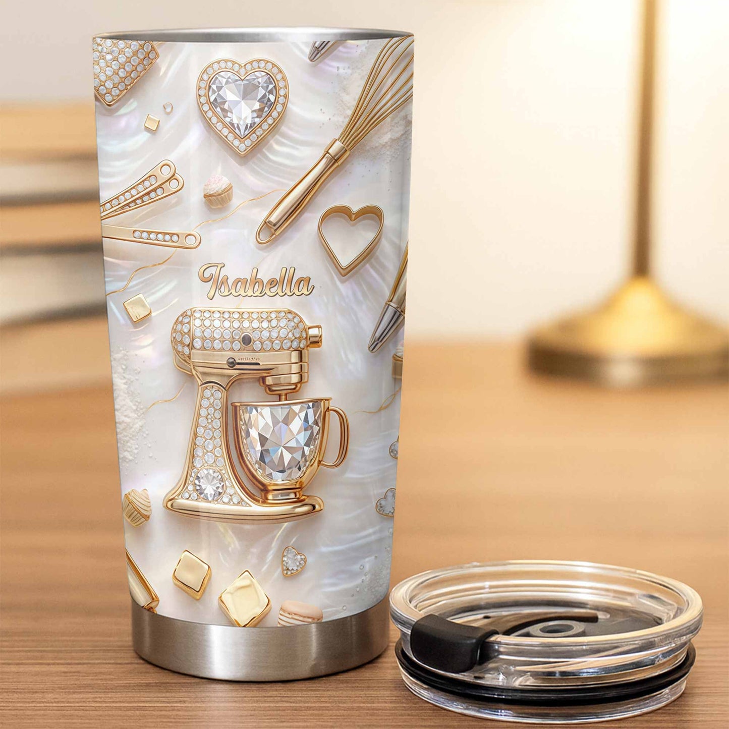 Baking With Love With 3D Golden Mixer And Whisk Mother Of Pearl - Personalized Custom Stainless Steel Tumbler 20oz 30oz - BAKE030_TB