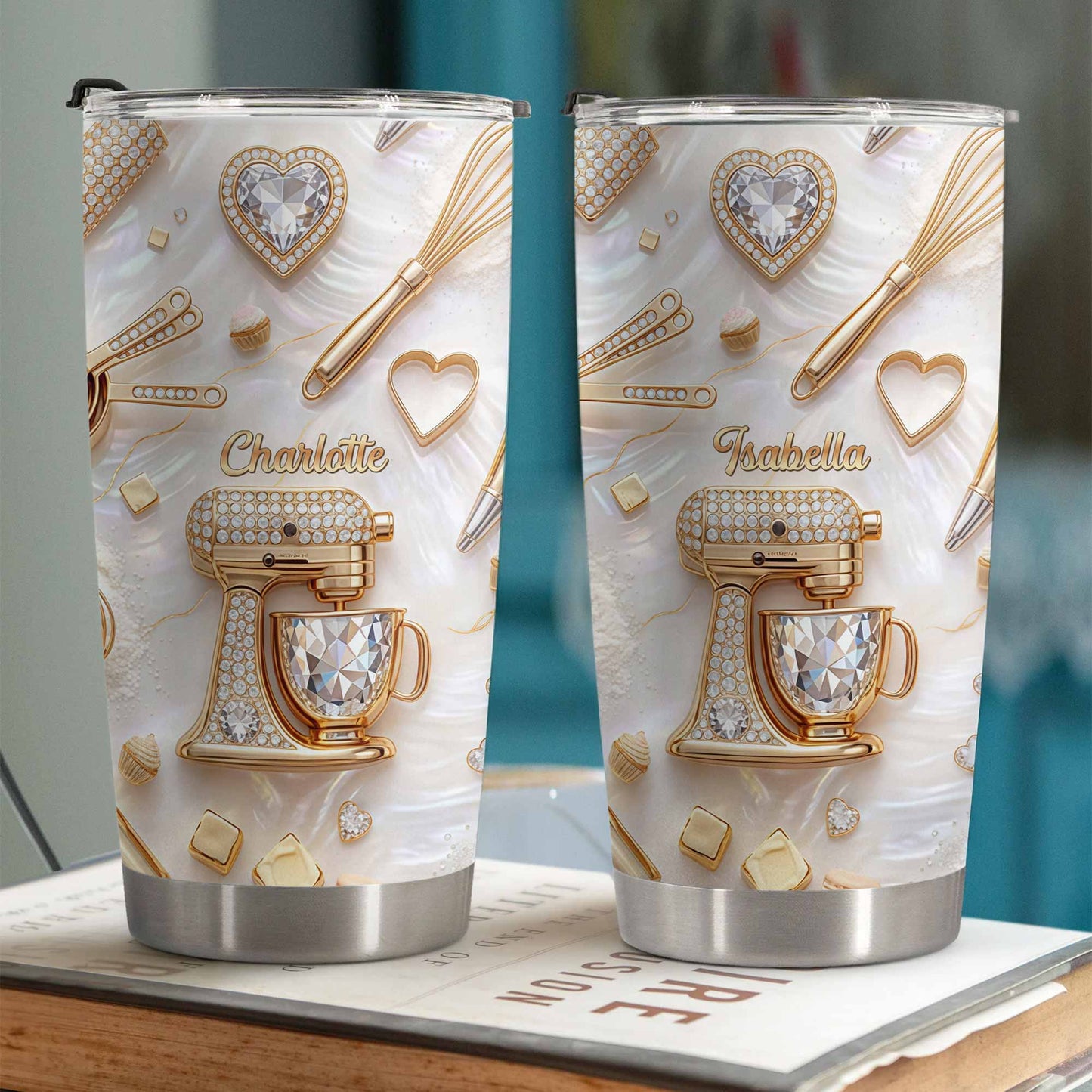 Baking With Love With 3D Golden Mixer And Whisk Mother Of Pearl - Personalized Custom Stainless Steel Tumbler 20oz 30oz - BAKE030_TB