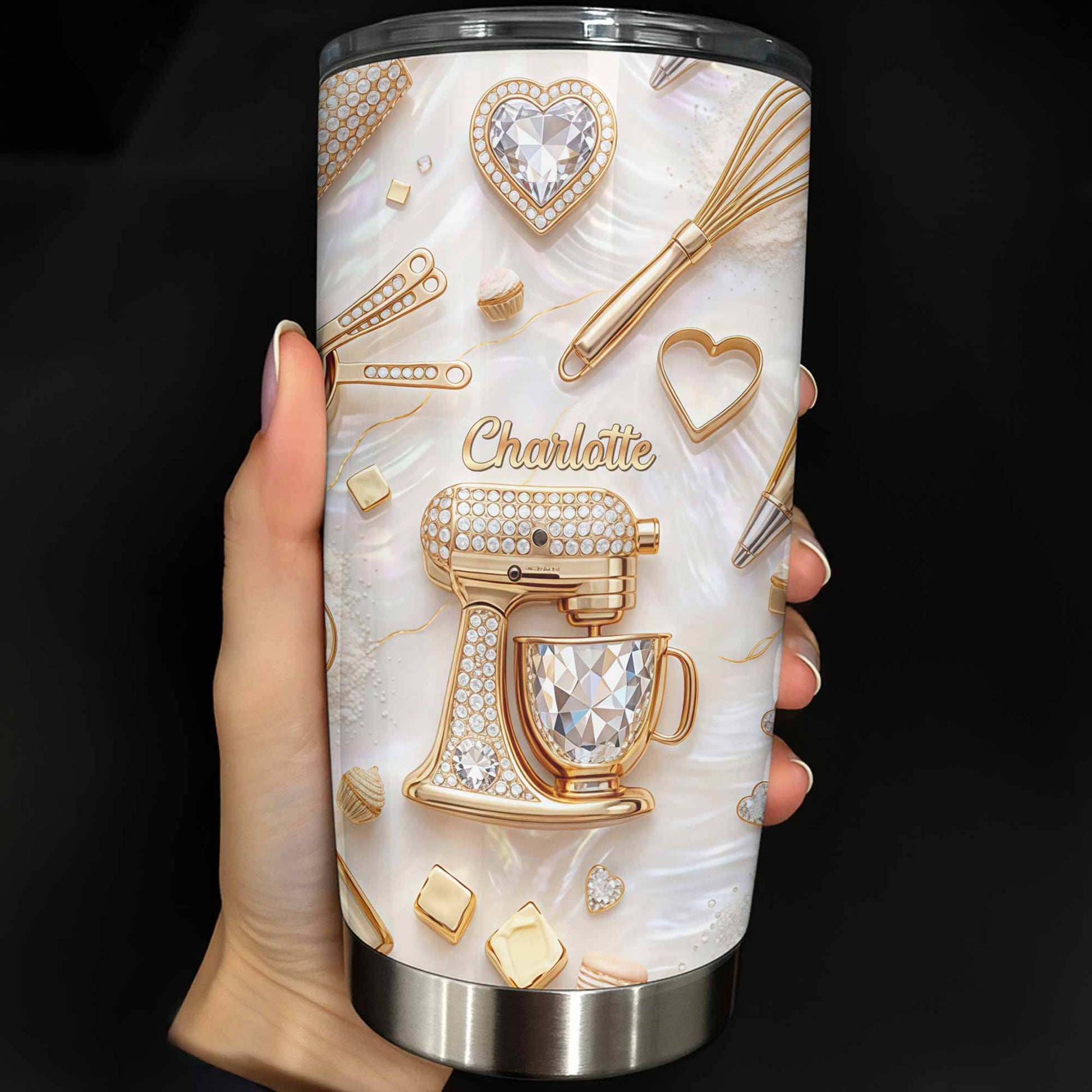 Baking With Love With 3D Golden Mixer And Whisk Mother Of Pearl - Personalized Custom Stainless Steel Tumbler 20oz 30oz - BAKE030_TB