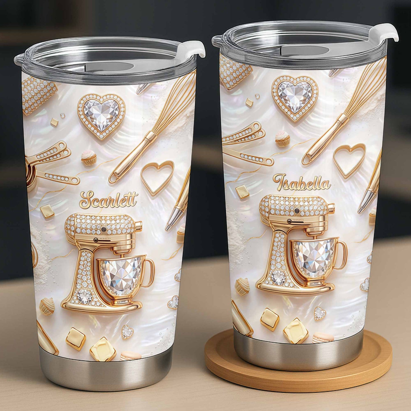 Baking With Love With 3D Golden Mixer And Whisk Mother Of Pearl - Personalized Custom Stainless Steel Tumbler 20oz 30oz - BAKE030_TB