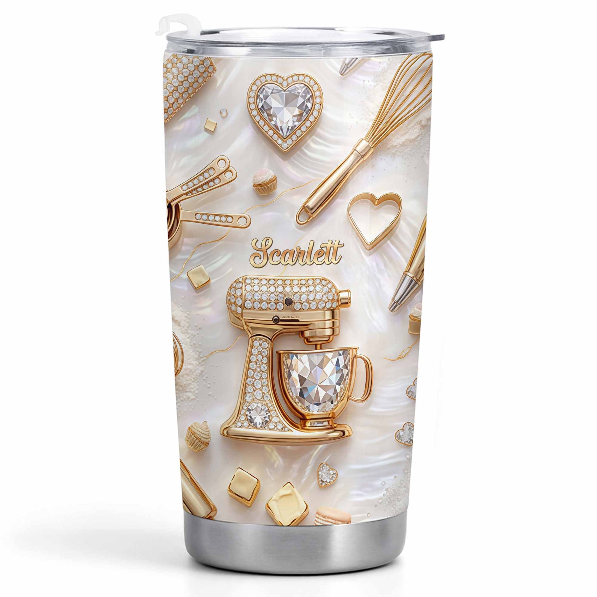 Baking With Love With 3D Golden Mixer And Whisk Mother Of Pearl - Personalized Custom Stainless Steel Tumbler 20oz 30oz - BAKE030_TB