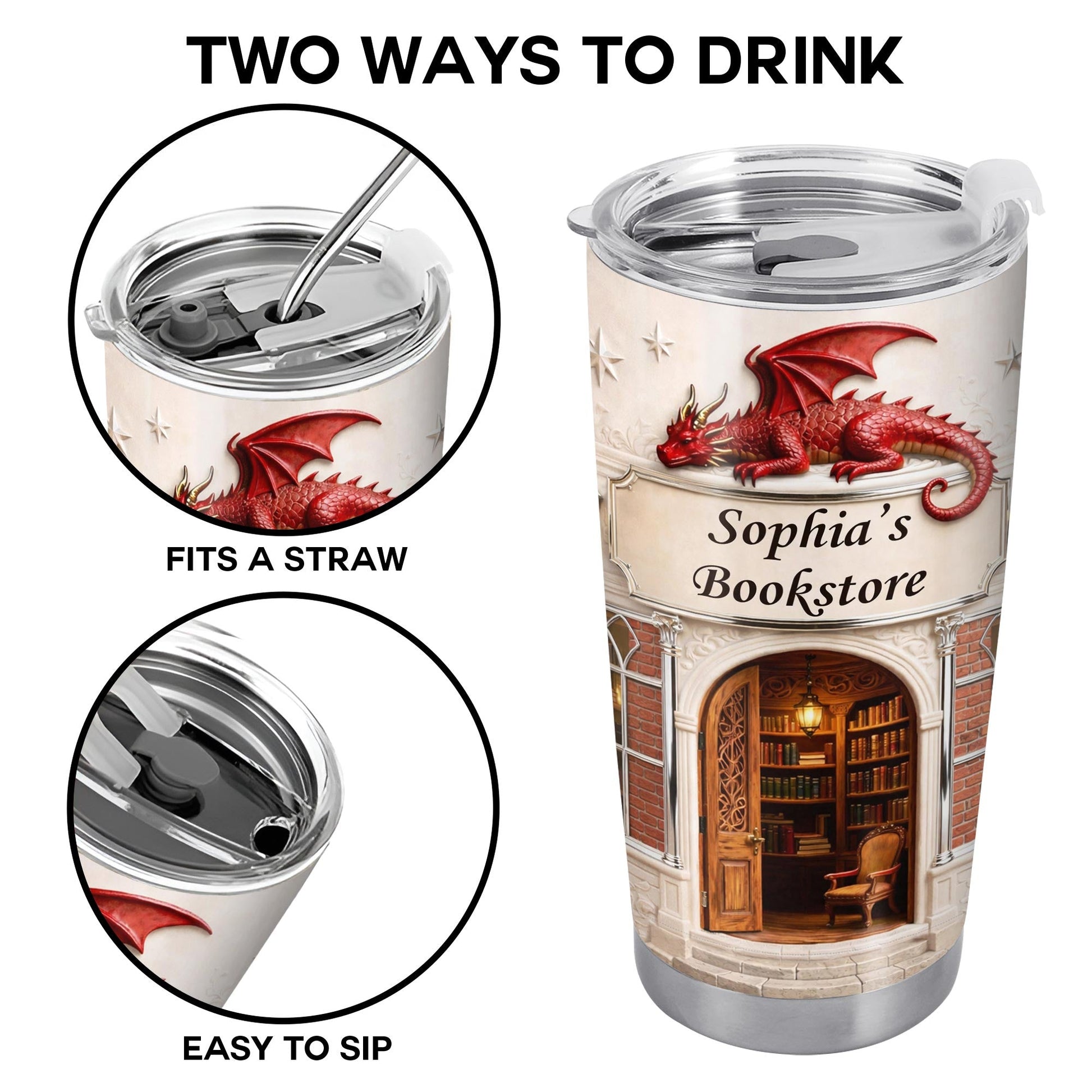 Sophia's Bookstore With Dragon And Stars - Personalized Custom Stainless Steel Tumbler 20oz 30oz - BLV086_TB