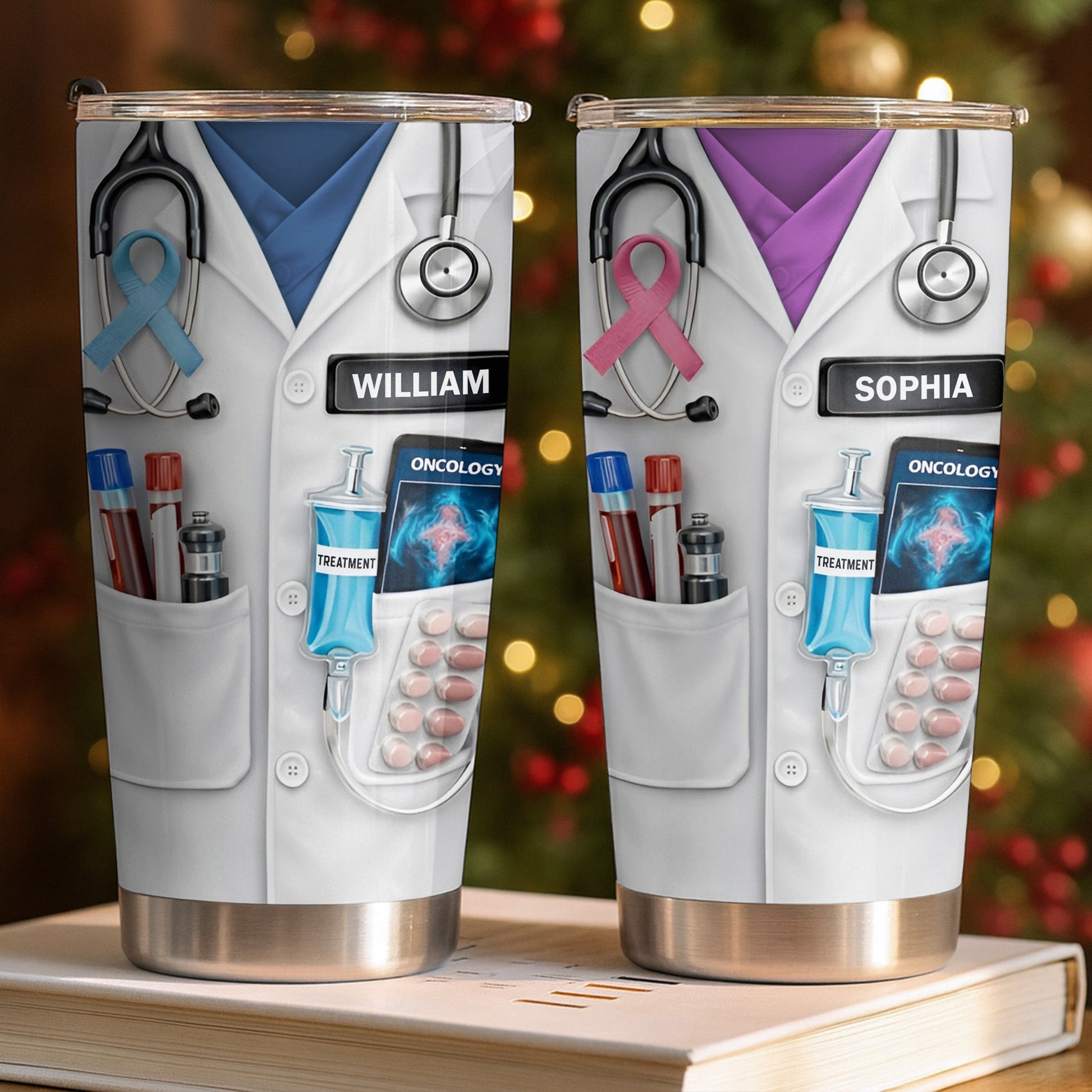 Oncology Treatment Medical Lab Coat Stethoscope Awareness Ribbon - Personalized Custom Stainless Steel Tumbler 20oz 30oz - DOC106_TB