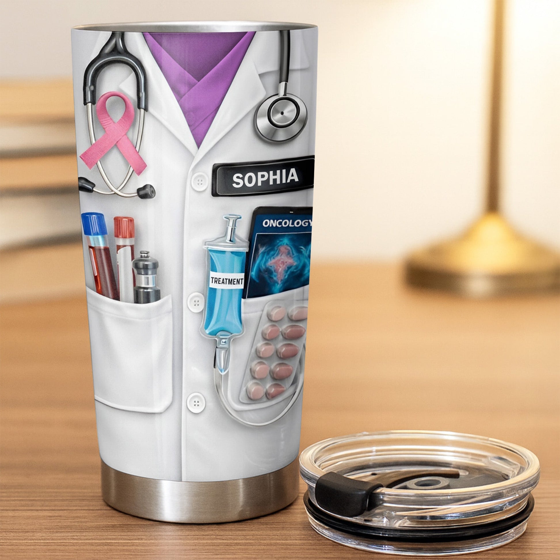 Oncology Treatment Medical Lab Coat Stethoscope Awareness Ribbon - Personalized Custom Stainless Steel Tumbler 20oz 30oz - DOC106_TB