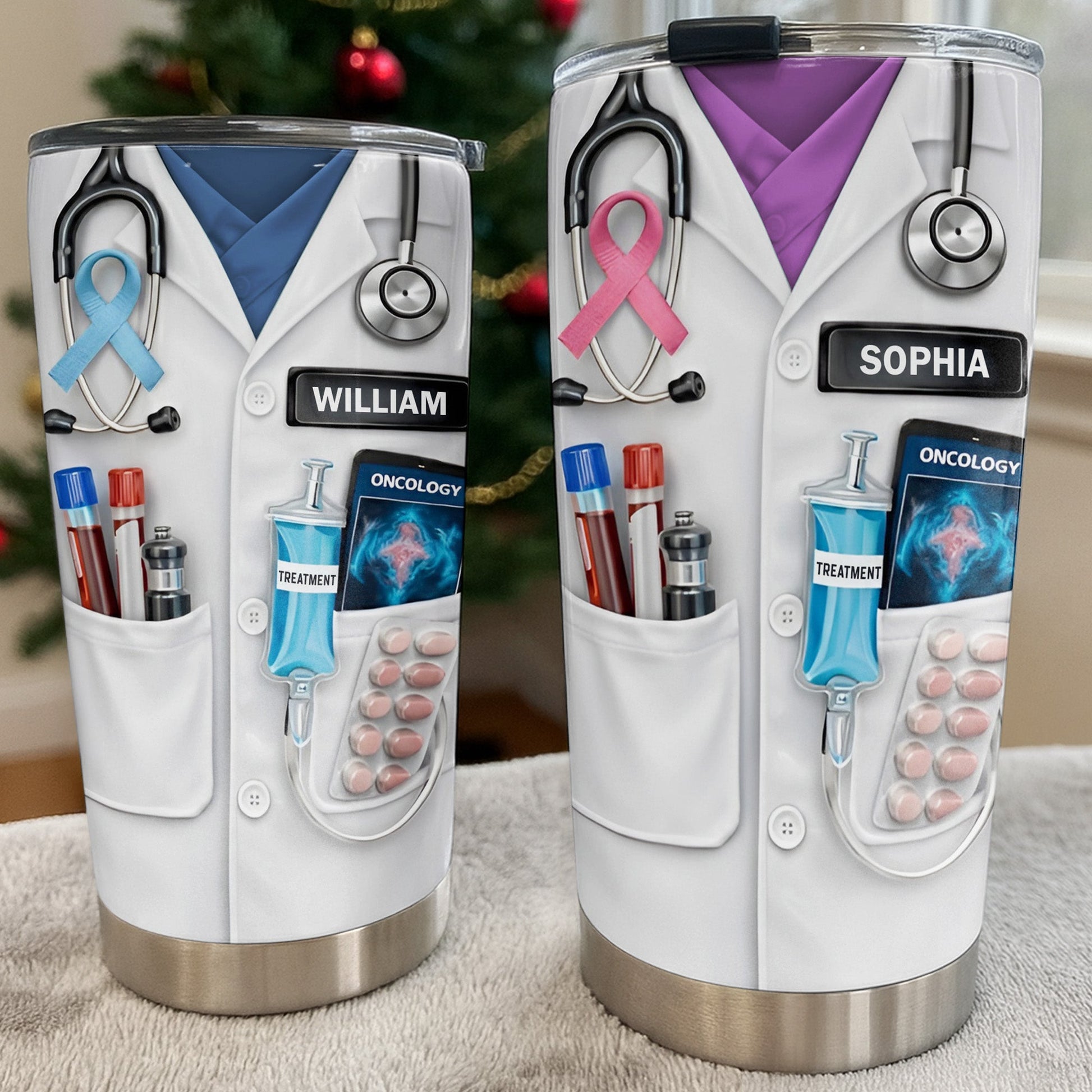 Oncology Treatment Medical Lab Coat Stethoscope Awareness Ribbon - Personalized Custom Stainless Steel Tumbler 20oz 30oz - DOC106_TB