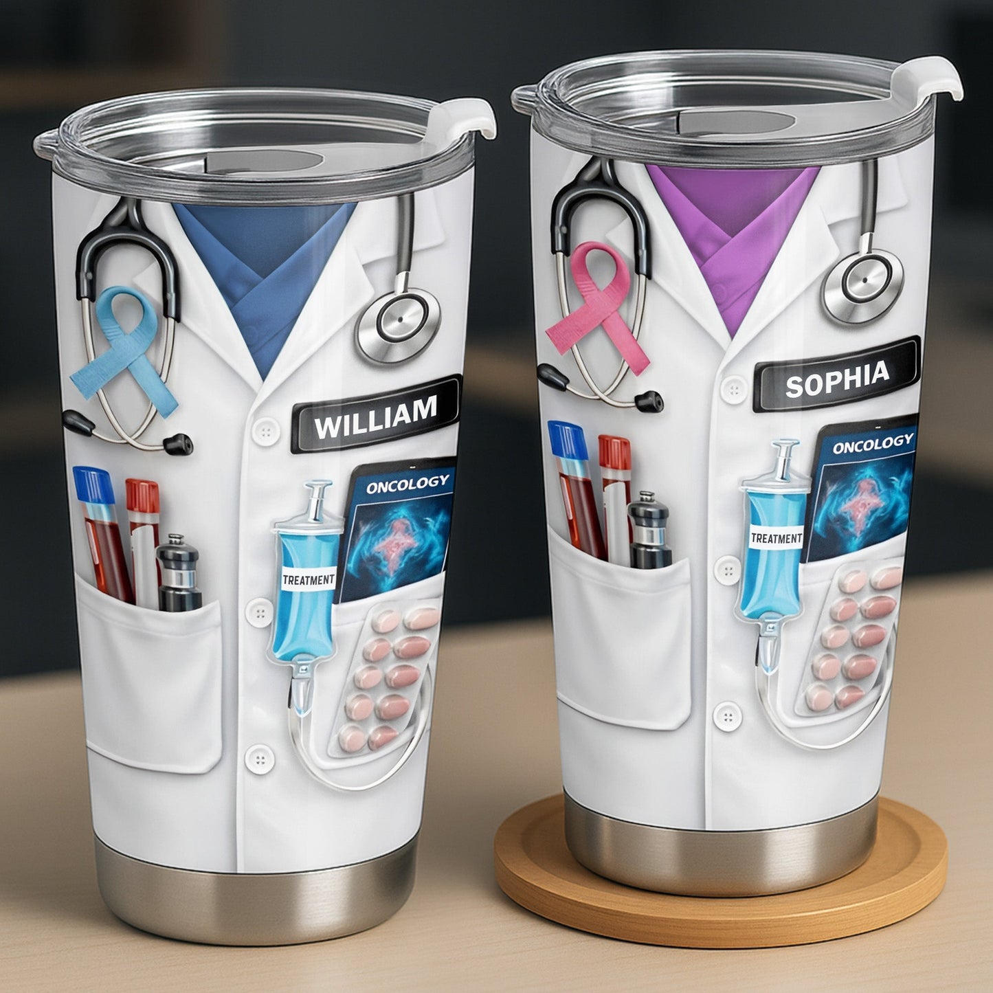 Oncology Treatment Medical Lab Coat Stethoscope Awareness Ribbon - Personalized Custom Stainless Steel Tumbler 20oz 30oz - DOC106_TB