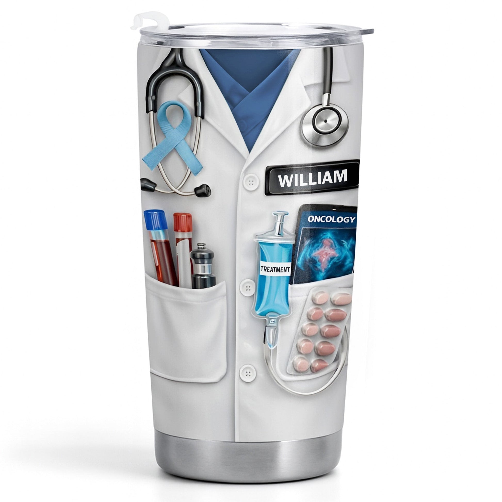 Oncology Treatment Medical Lab Coat Stethoscope Awareness Ribbon - Personalized Custom Stainless Steel Tumbler 20oz 30oz - DOC106_TB