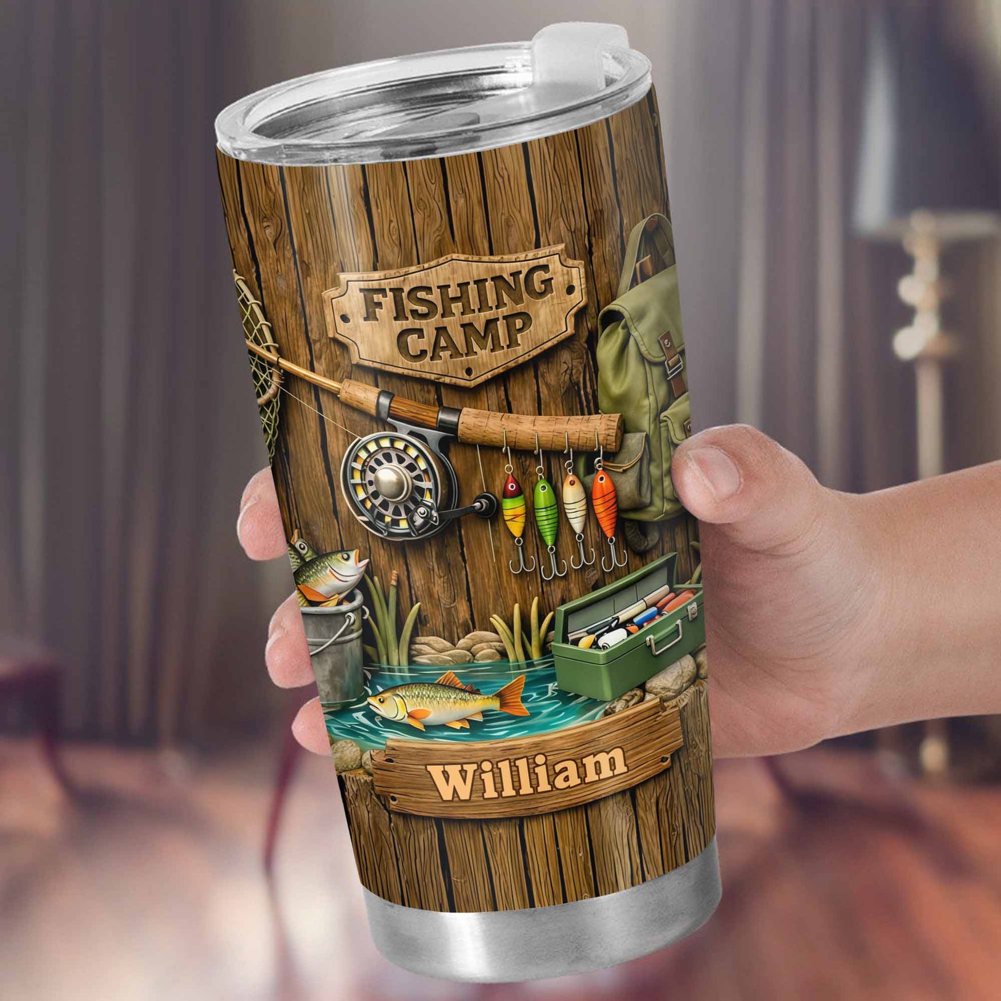 Fishing Camp With Fishing Gear and Fish - Personalized Custom Stainless Steel Tumbler 20oz 30oz - FISH024_TB