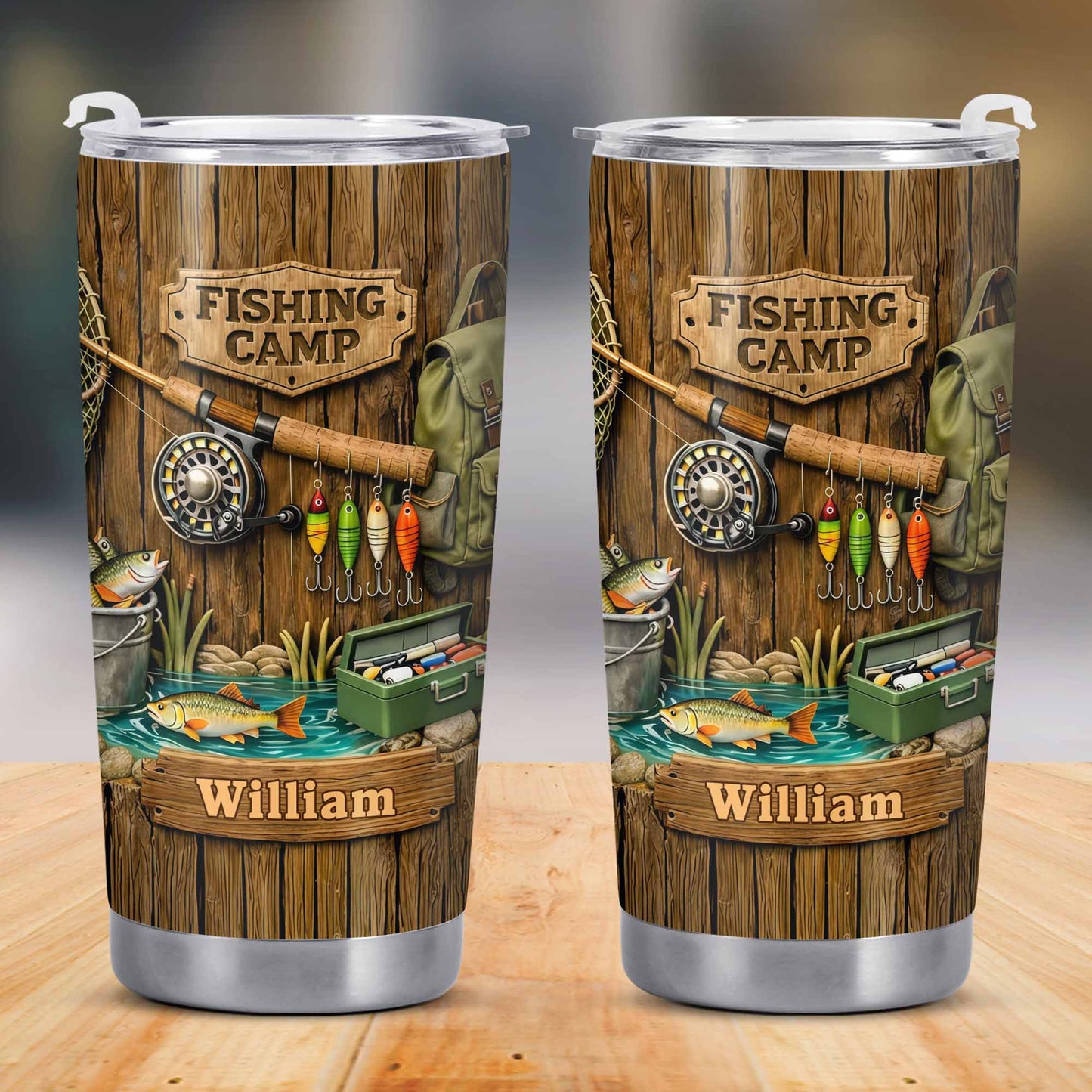 Fishing Camp With Fishing Gear and Fish - Personalized Custom Stainless Steel Tumbler 20oz 30oz - FISH024_TB