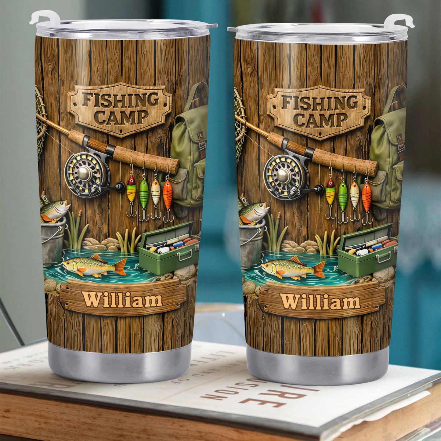 Fishing Camp With Fishing Gear and Fish - Personalized Custom Stainless Steel Tumbler 20oz 30oz - FISH024_TB