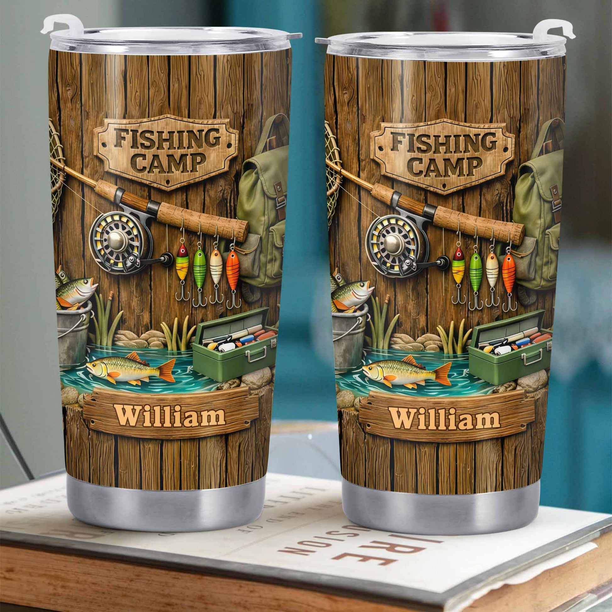 Fishing Camp With Fishing Gear and Fish - Personalized Custom Stainless Steel Tumbler 20oz 30oz - FISH024_TB