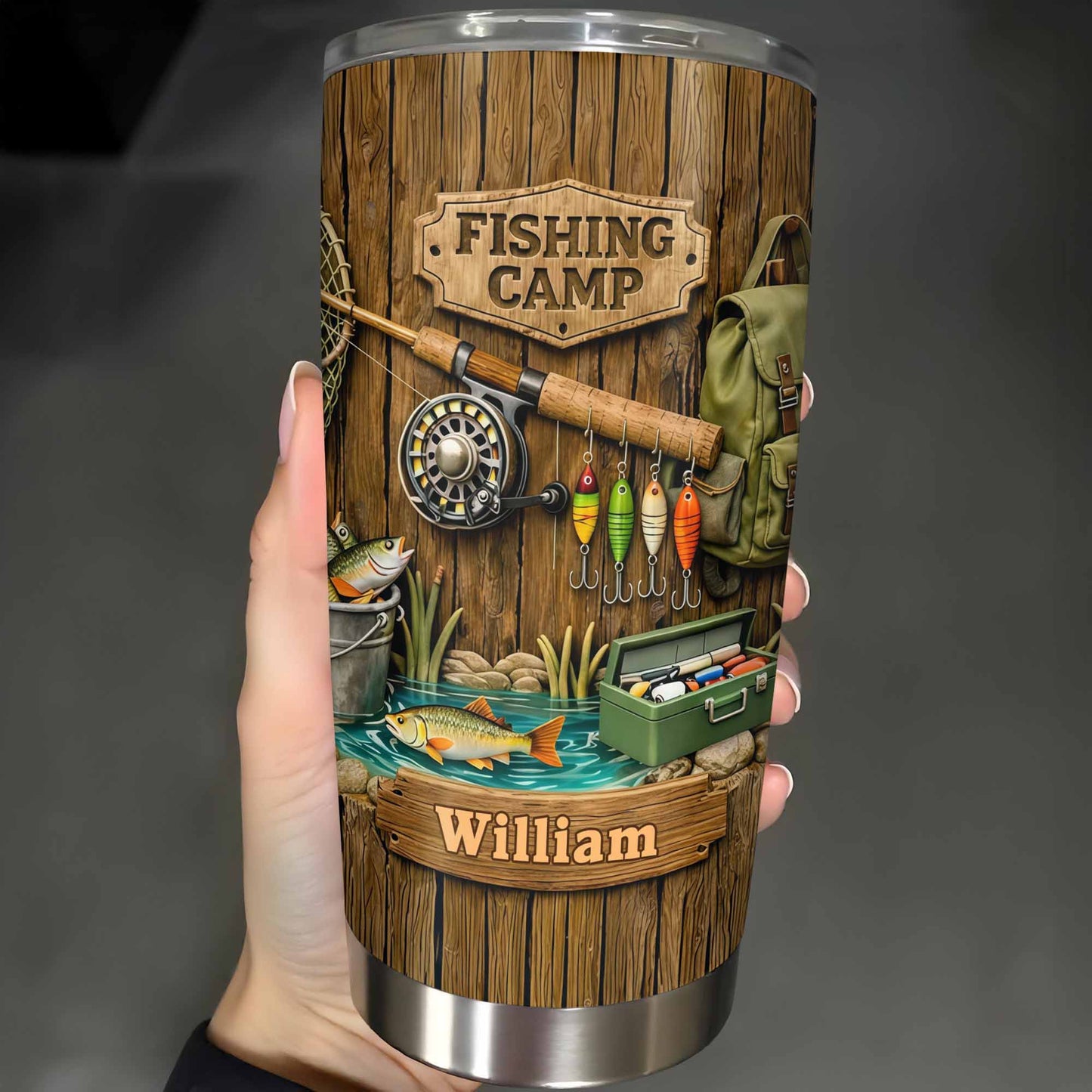 Fishing Camp With Fishing Gear and Fish - Personalized Custom Stainless Steel Tumbler 20oz 30oz - FISH024_TB