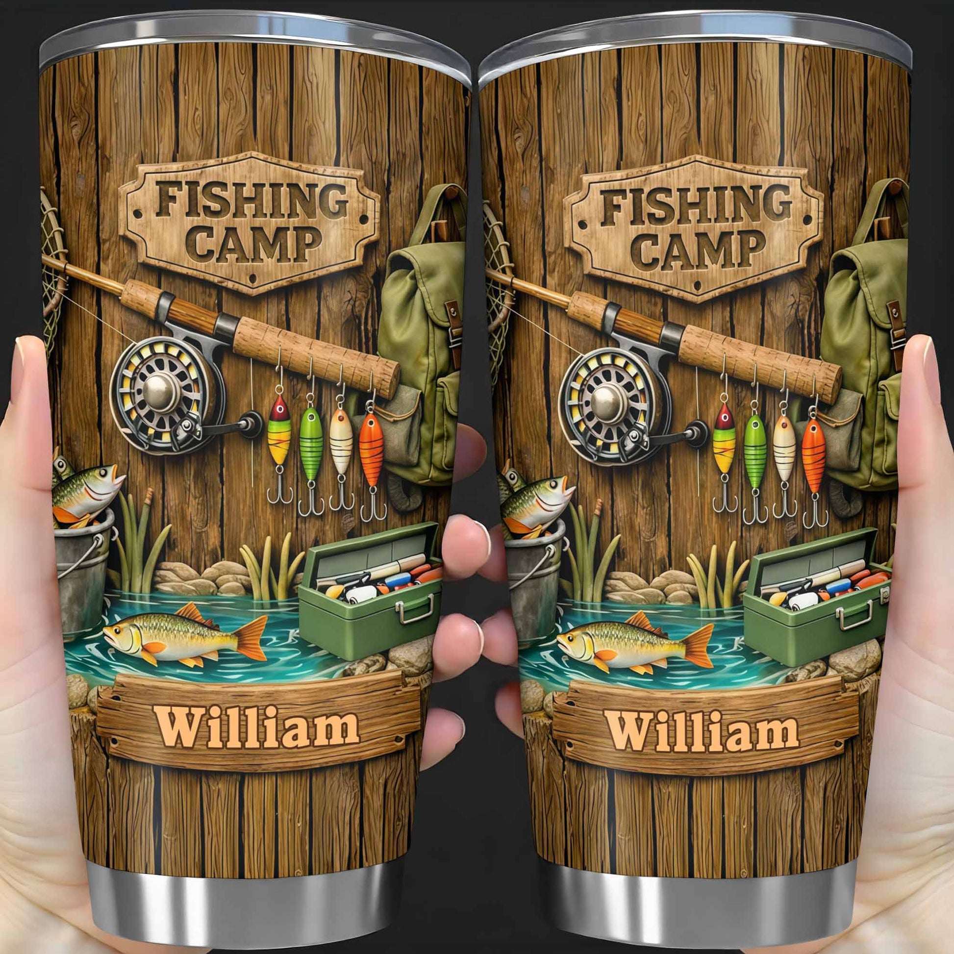 Fishing Camp With Fishing Gear and Fish - Personalized Custom Stainless Steel Tumbler 20oz 30oz - FISH024_TB