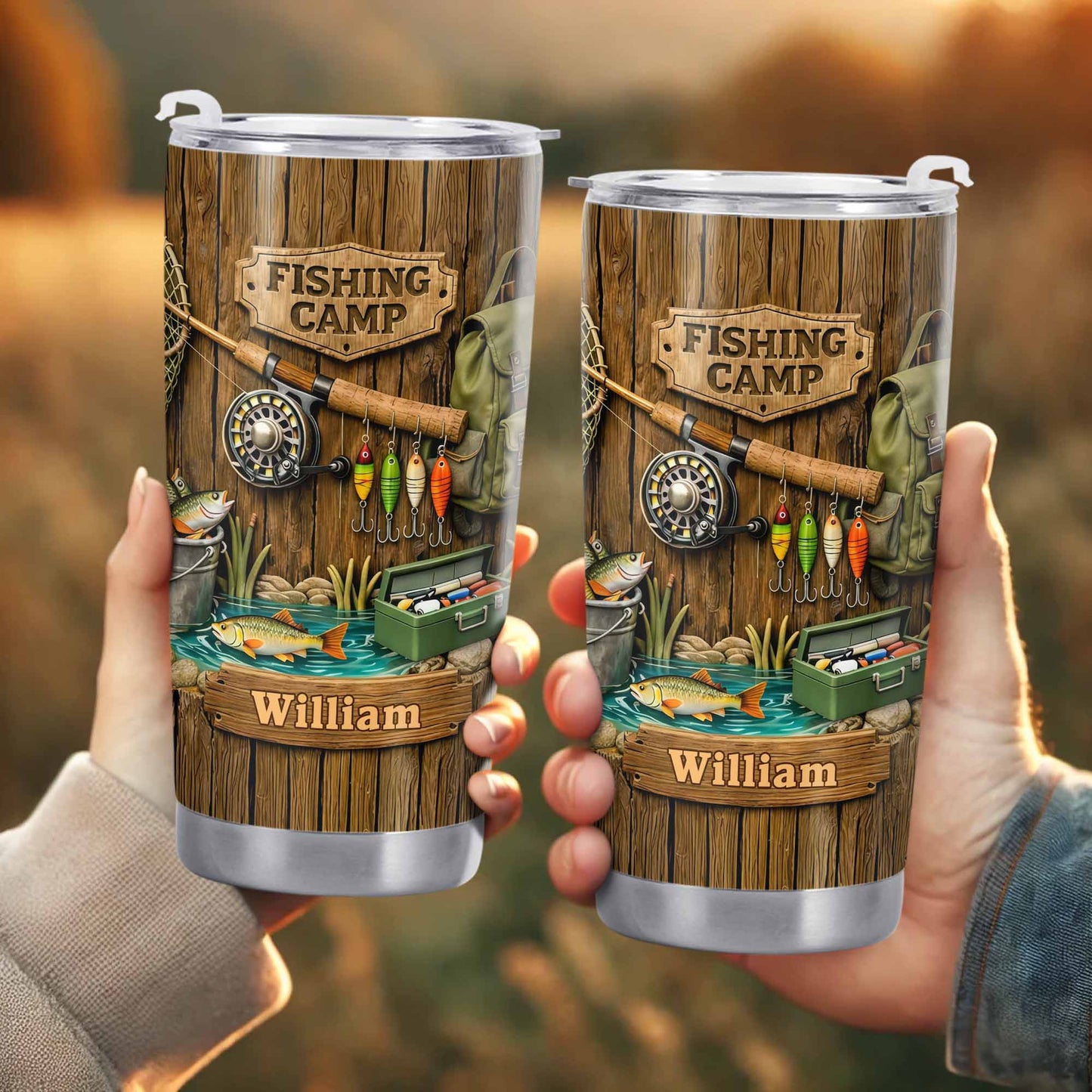 Fishing Camp With Fishing Gear and Fish - Personalized Custom Stainless Steel Tumbler 20oz 30oz - FISH024_TB
