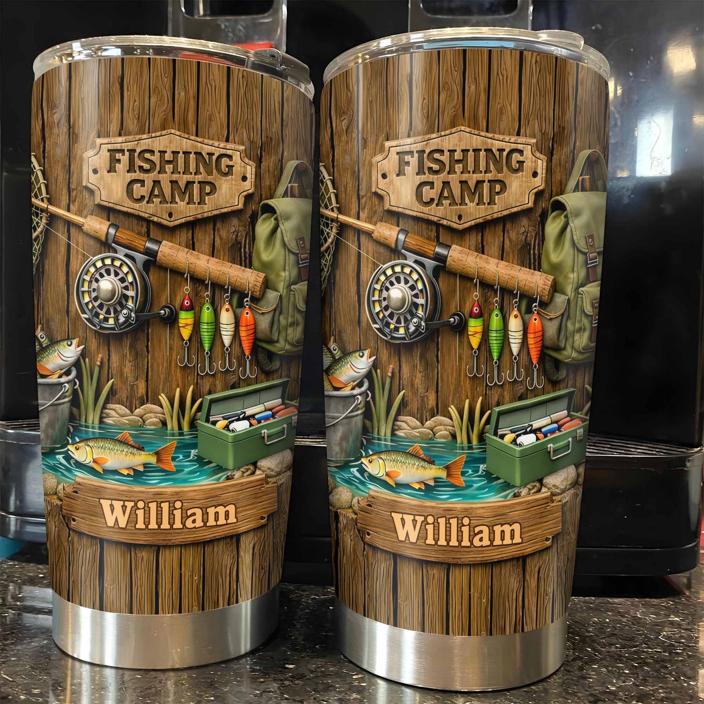 Fishing Camp With Fishing Gear and Fish - Personalized Custom Stainless Steel Tumbler 20oz 30oz - FISH024_TB
