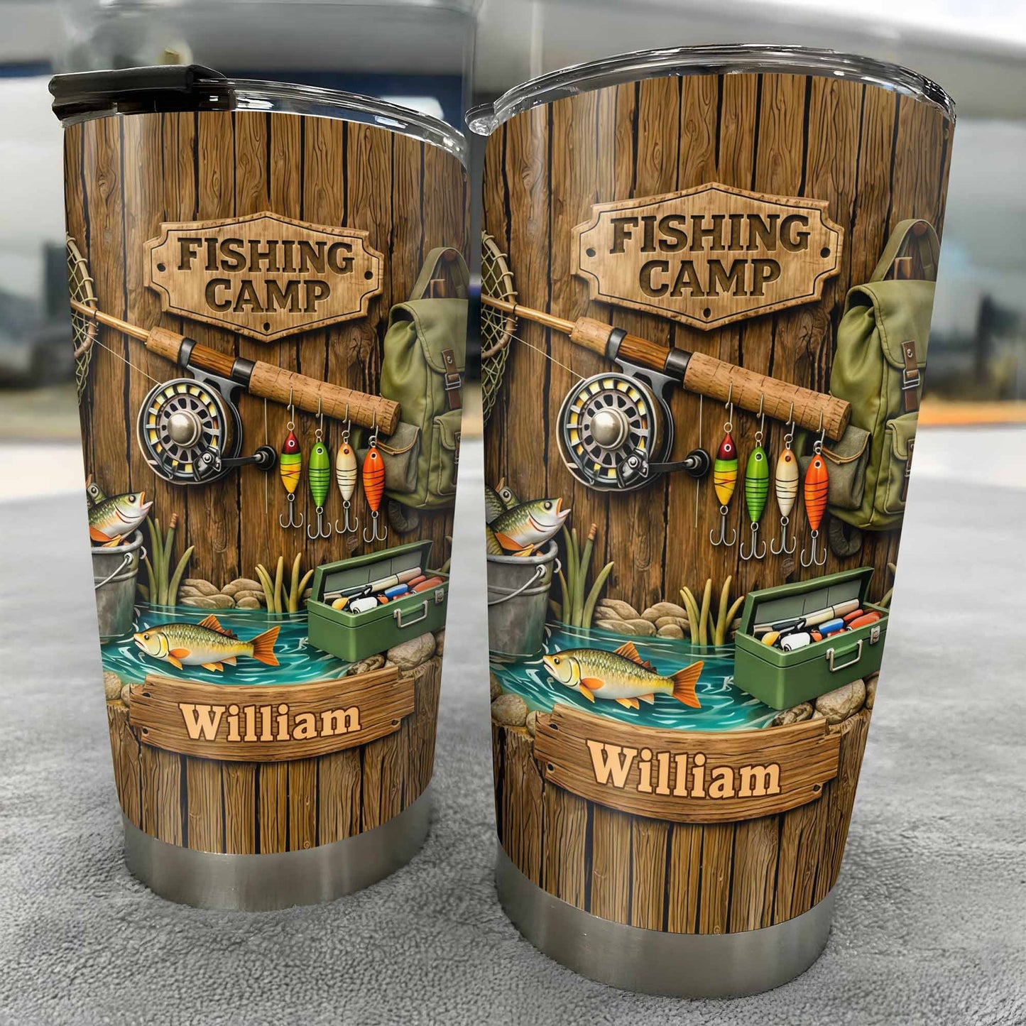 Fishing Camp With Fishing Gear and Fish - Personalized Custom Stainless Steel Tumbler 20oz 30oz - FISH024_TB
