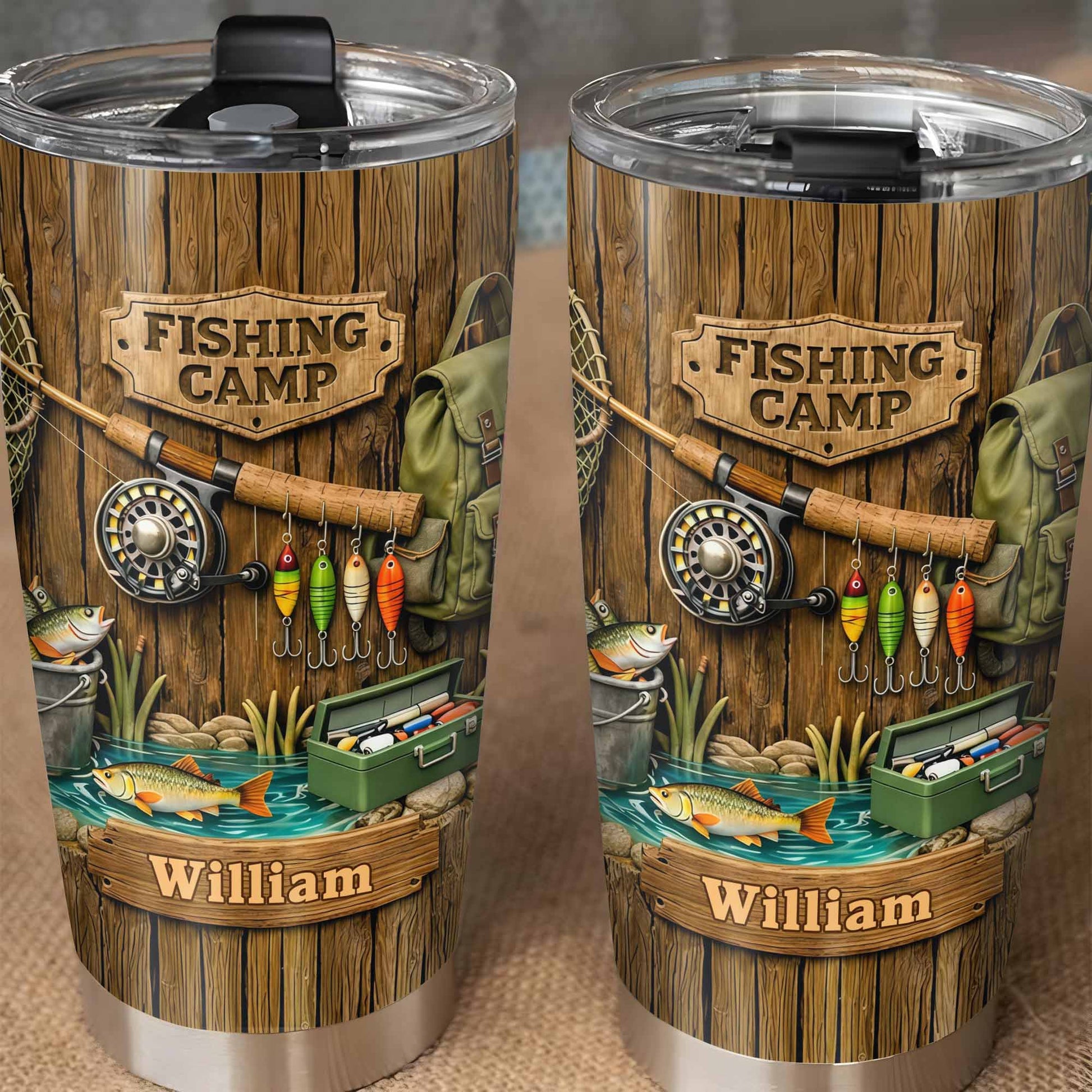 Fishing Camp With Fishing Gear and Fish - Personalized Custom Stainless Steel Tumbler 20oz 30oz - FISH024_TB