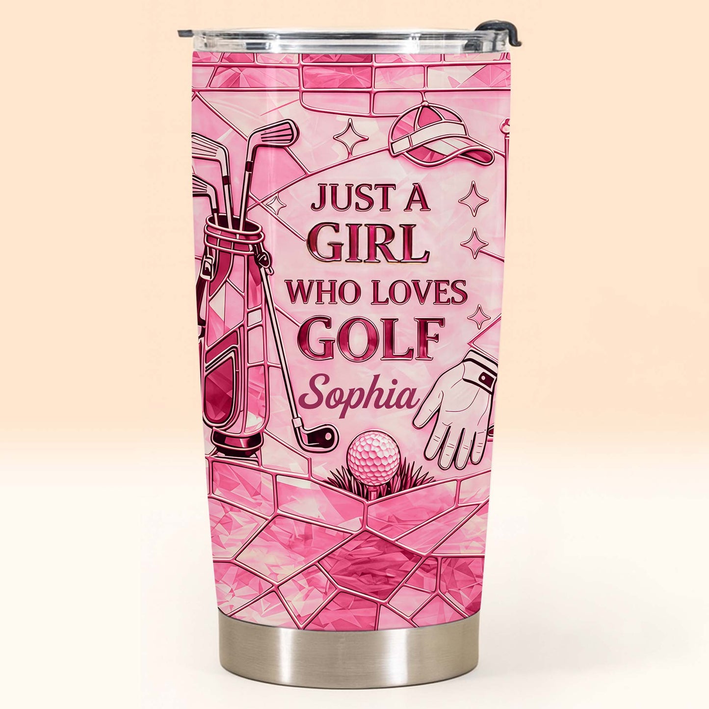 Just A Girl Who Loves Golf With Pink Stained Glass Art - Personalized Custom Stainless Steel Tumbler 20oz 30oz - GOLF020_TB