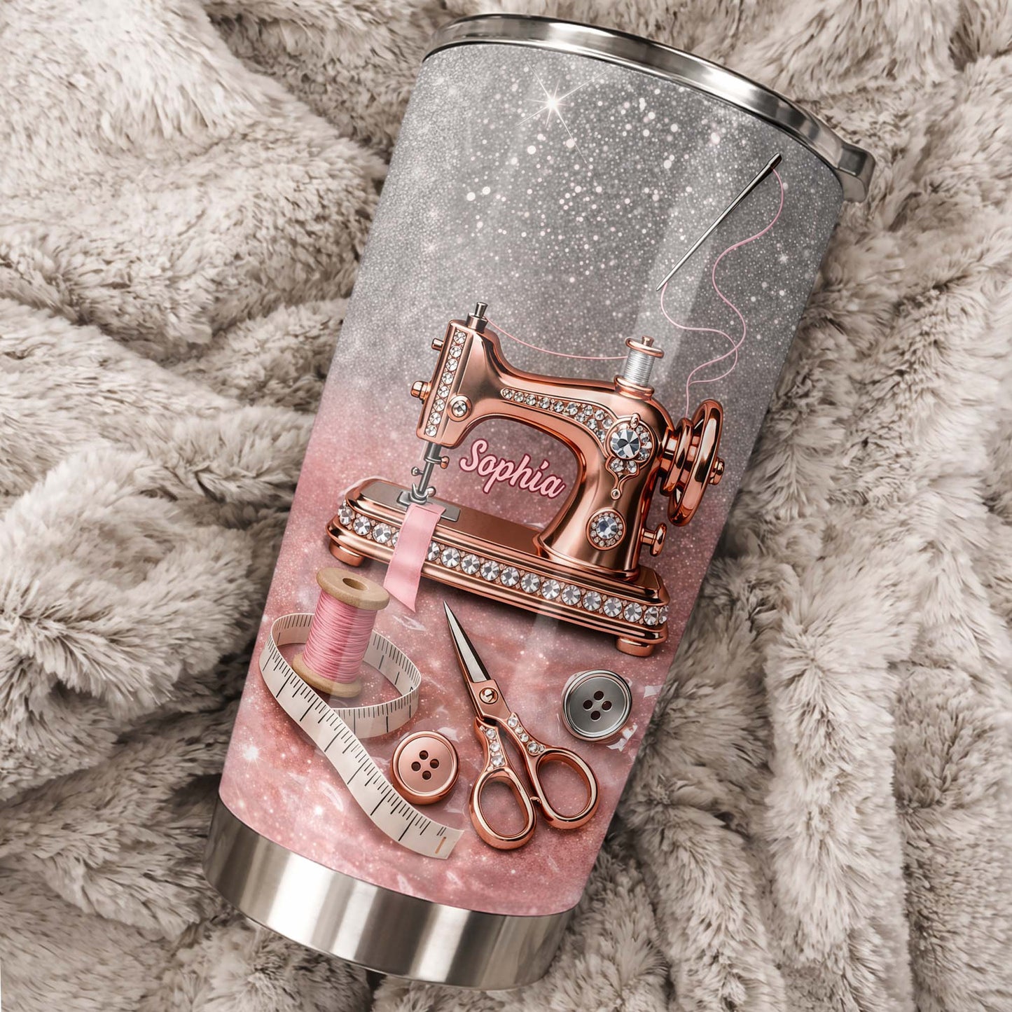 Vintage Sewing Machine and Tailor Tools With Glitter Background - Personalized Custom Stainless Steel Tumbler 20oz 30oz - HAND016_TB