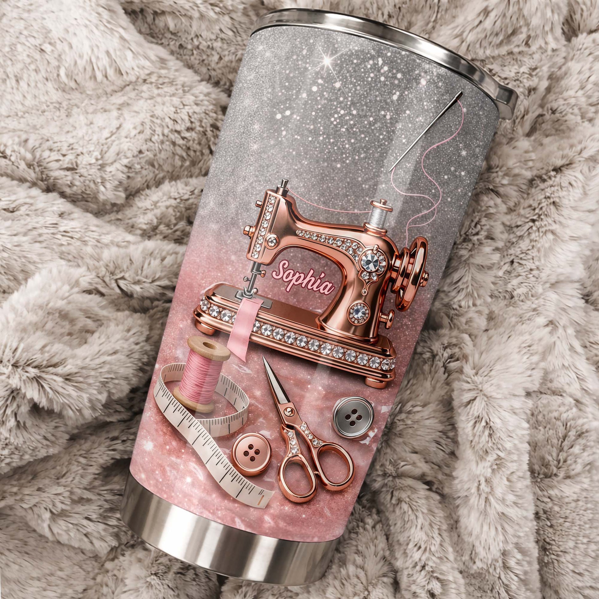 Vintage Sewing Machine and Tailor Tools With Glitter Background - Personalized Custom Stainless Steel Tumbler 20oz 30oz - HAND016_TB