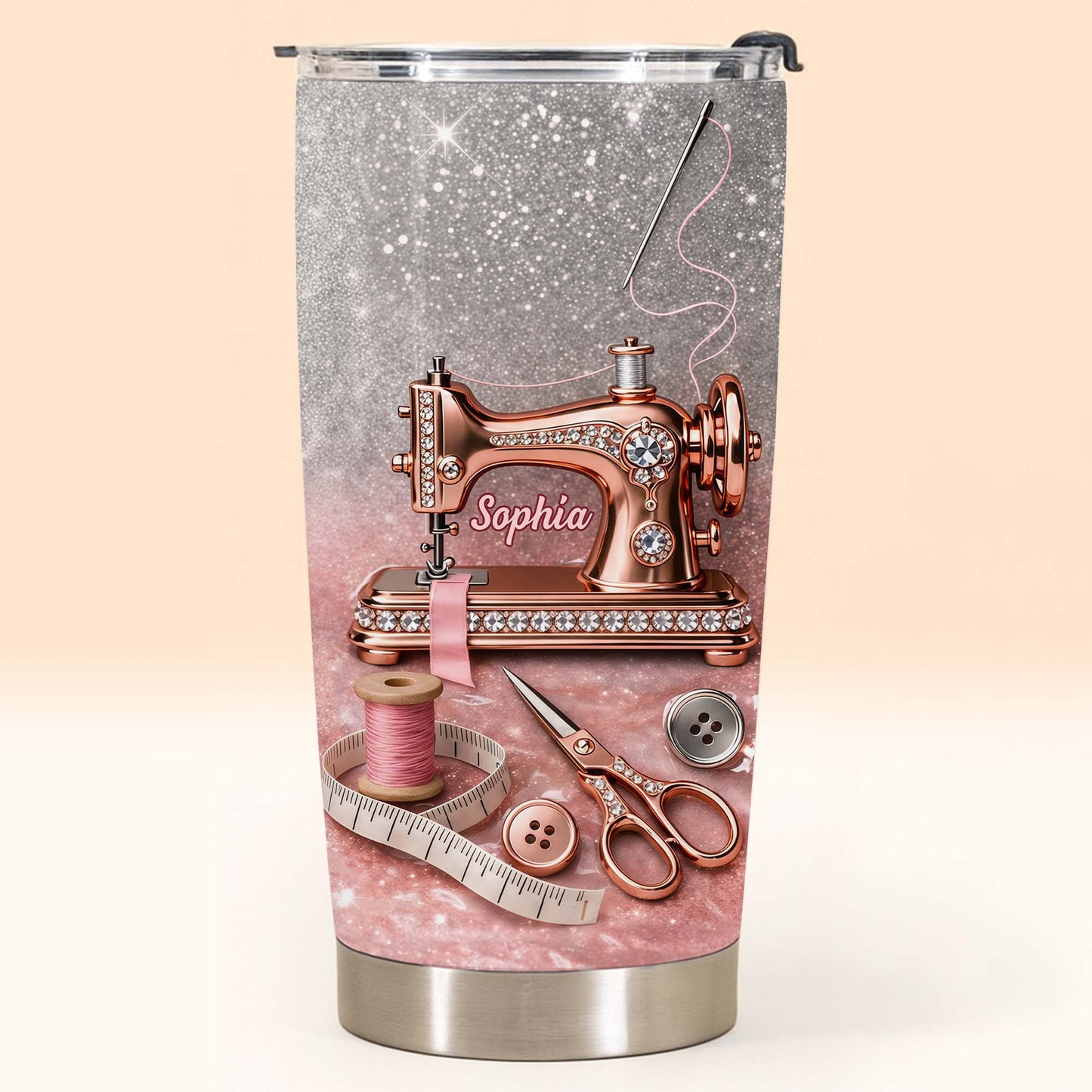 Vintage Sewing Machine and Tailor Tools With Glitter Background - Personalized Custom Stainless Steel Tumbler 20oz 30oz - HAND016_TB