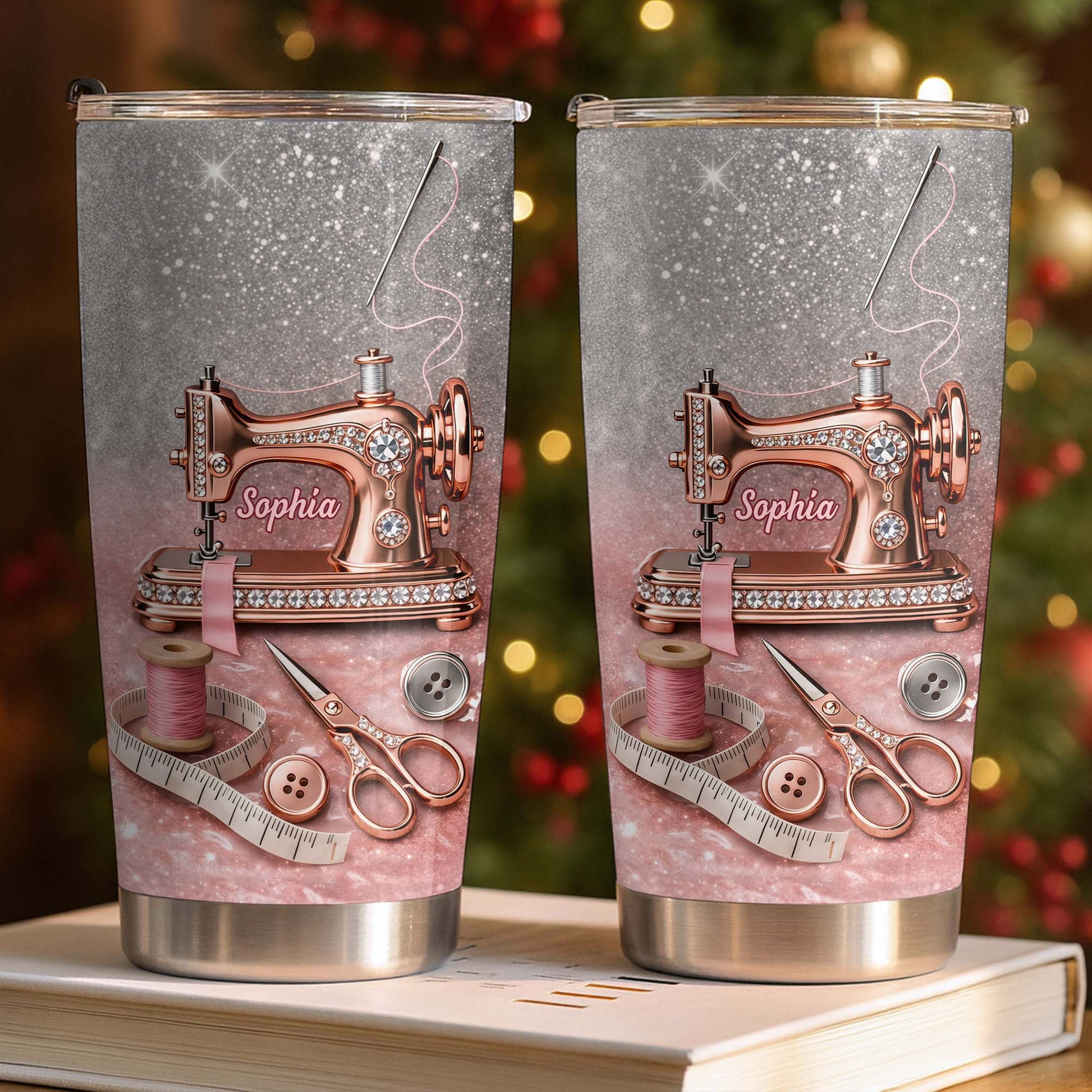 Vintage Sewing Machine and Tailor Tools With Glitter Background - Personalized Custom Stainless Steel Tumbler 20oz 30oz - HAND016_TB