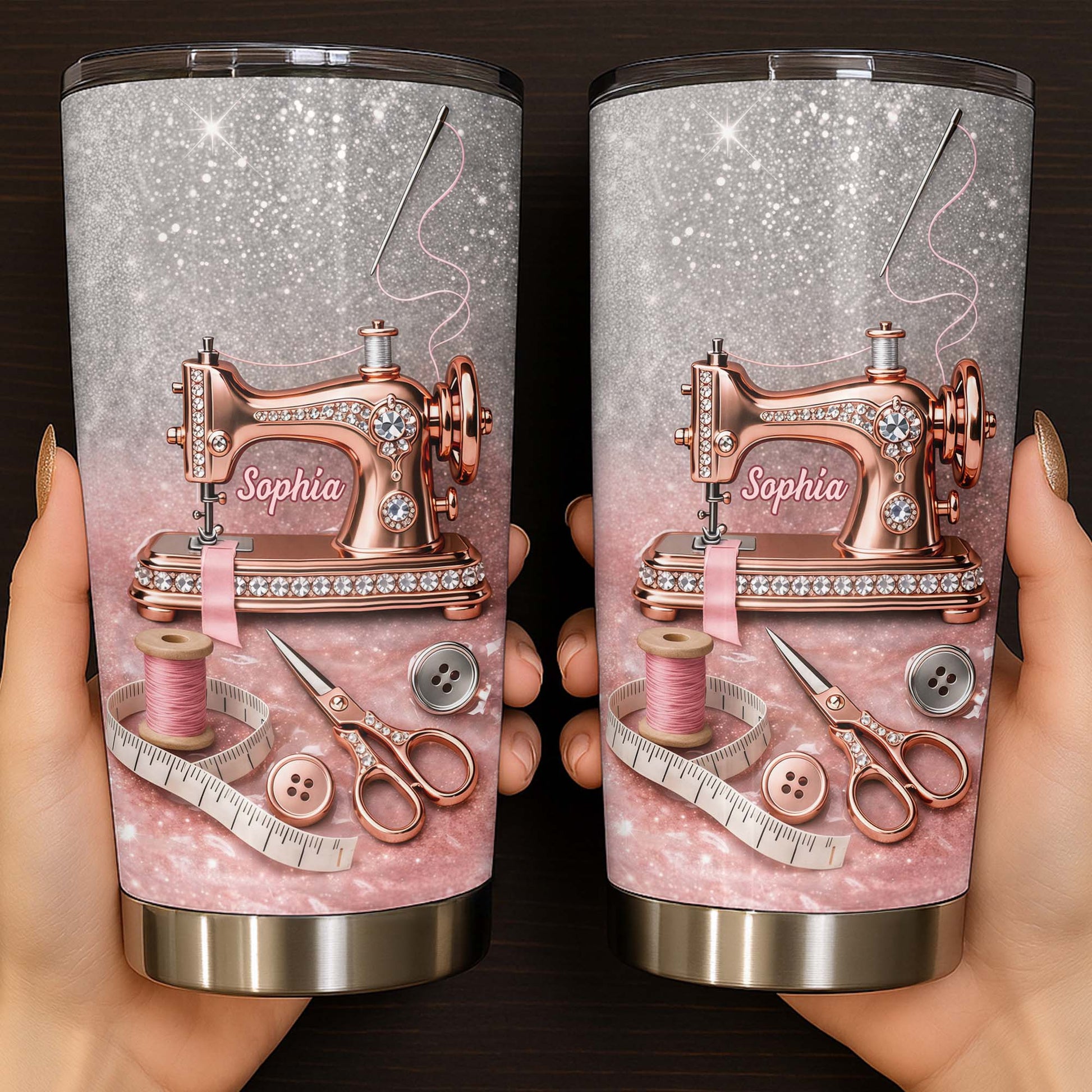 Vintage Sewing Machine and Tailor Tools With Glitter Background - Personalized Custom Stainless Steel Tumbler 20oz 30oz - HAND016_TB