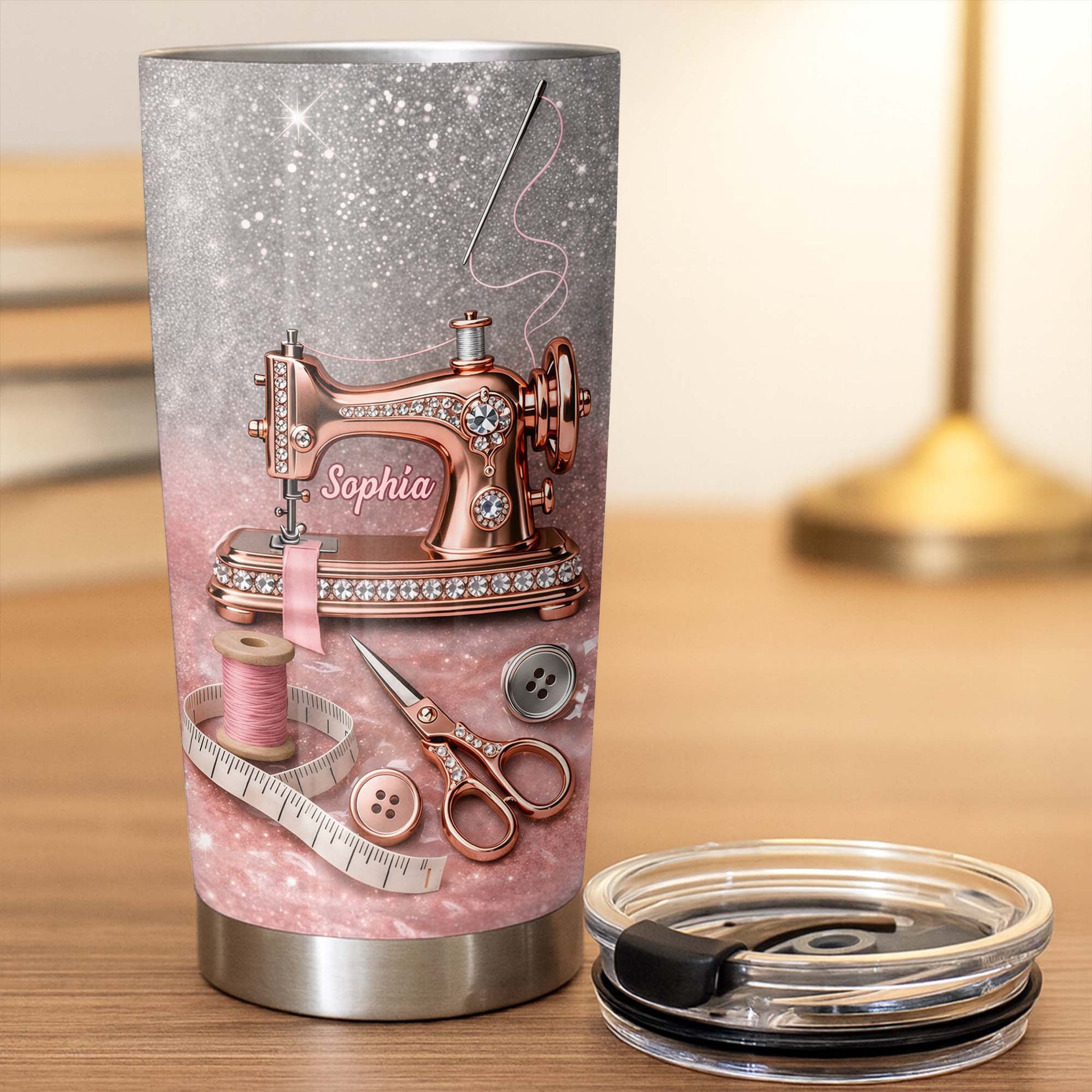 Vintage Sewing Machine and Tailor Tools With Glitter Background - Personalized Custom Stainless Steel Tumbler 20oz 30oz - HAND016_TB