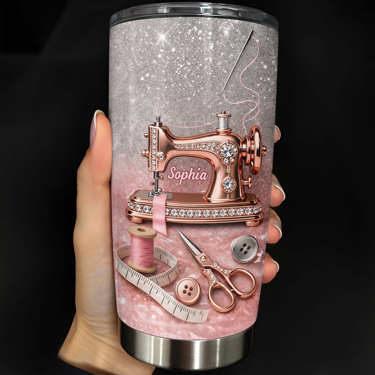 Vintage Sewing Machine and Tailor Tools With Glitter Background - Personalized Custom Stainless Steel Tumbler 20oz 30oz - HAND016_TB
