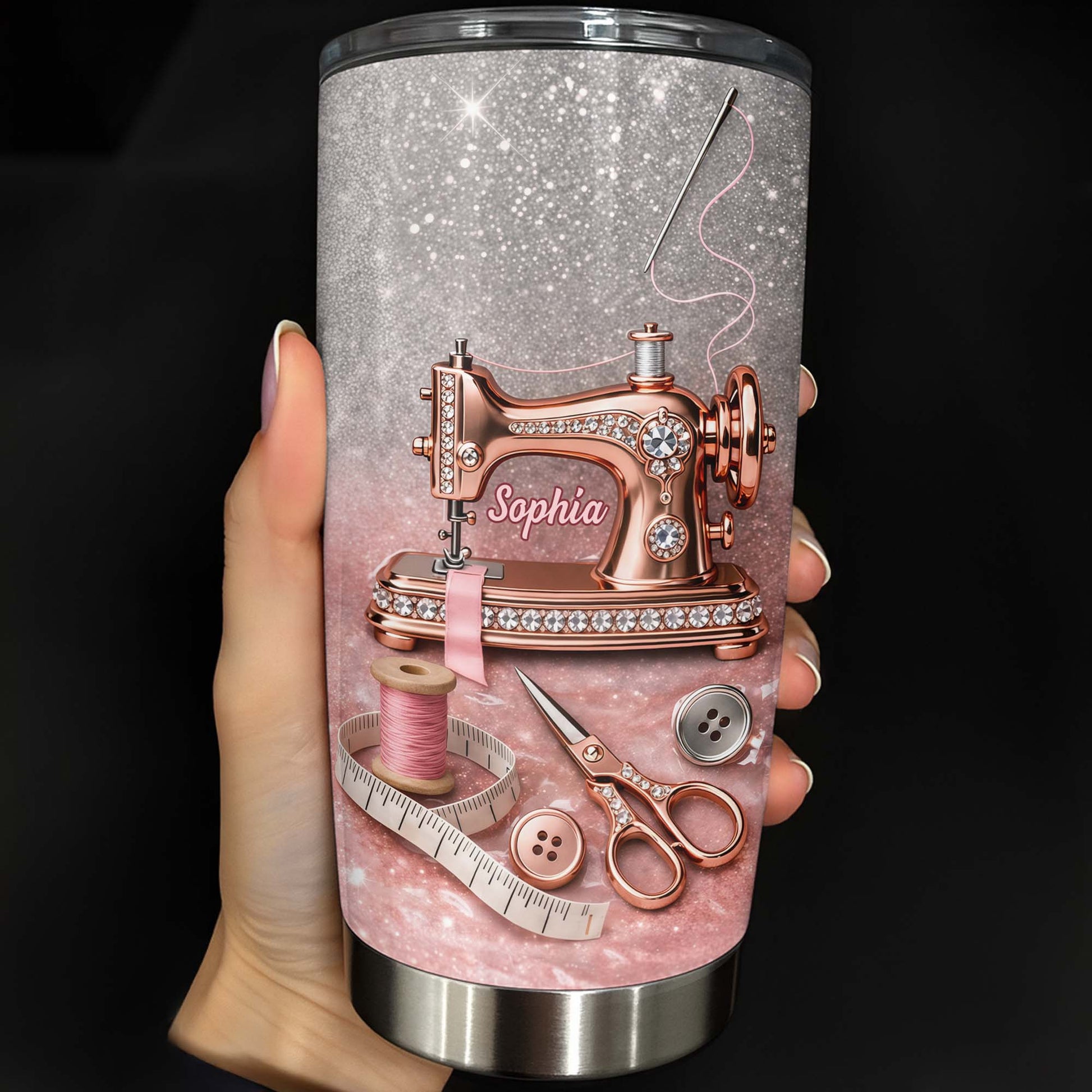 Vintage Sewing Machine and Tailor Tools With Glitter Background - Personalized Custom Stainless Steel Tumbler 20oz 30oz - HAND016_TB