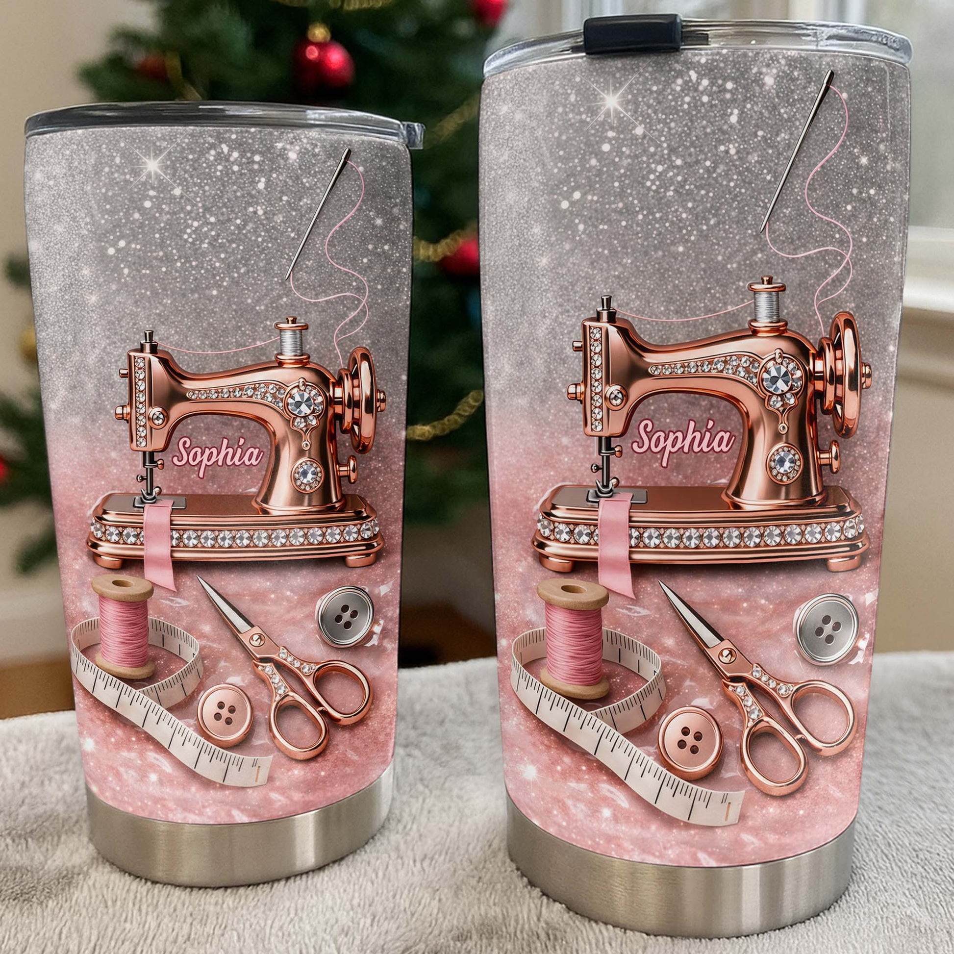 Vintage Sewing Machine and Tailor Tools With Glitter Background - Personalized Custom Stainless Steel Tumbler 20oz 30oz - HAND016_TB