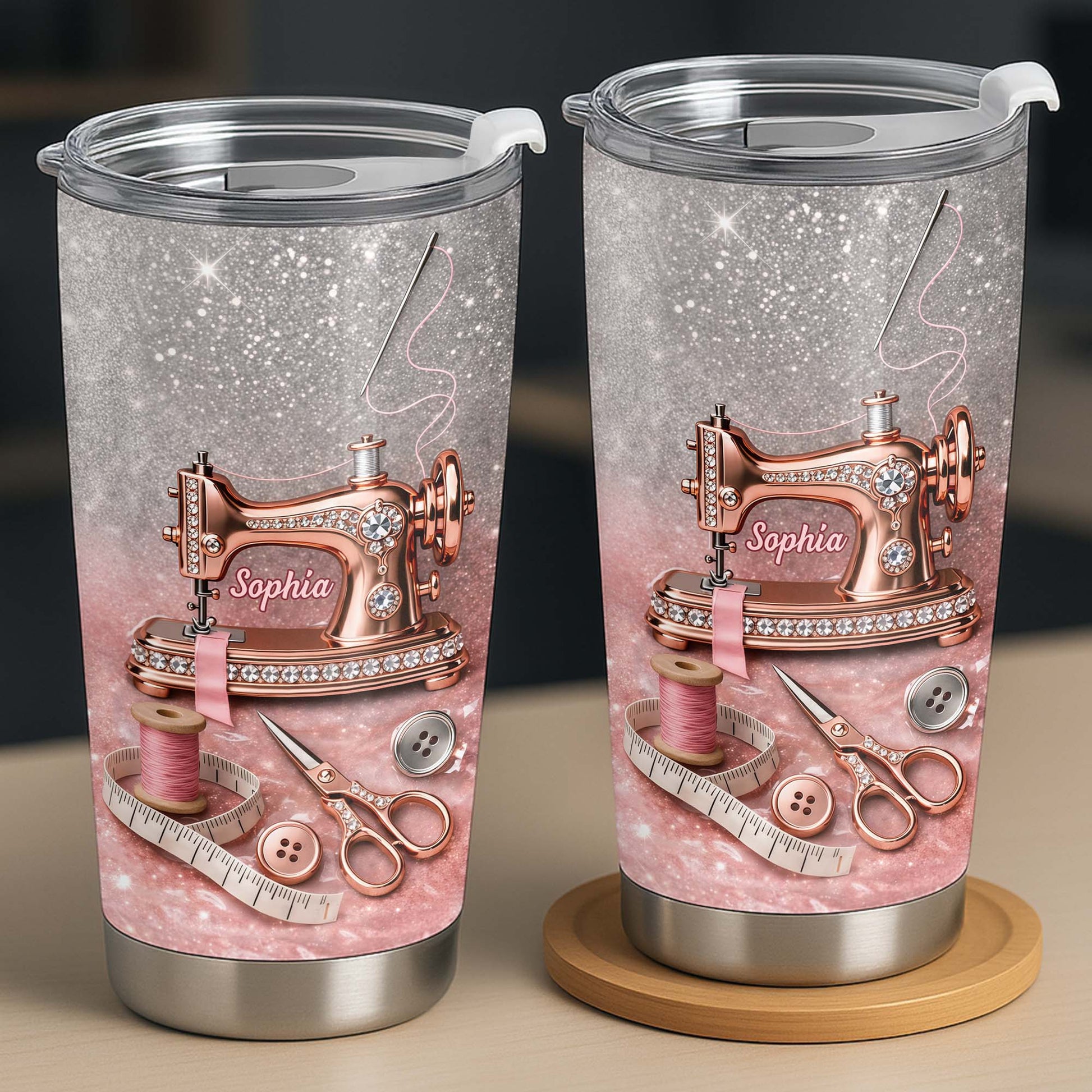 Vintage Sewing Machine and Tailor Tools With Glitter Background - Personalized Custom Stainless Steel Tumbler 20oz 30oz - HAND016_TB