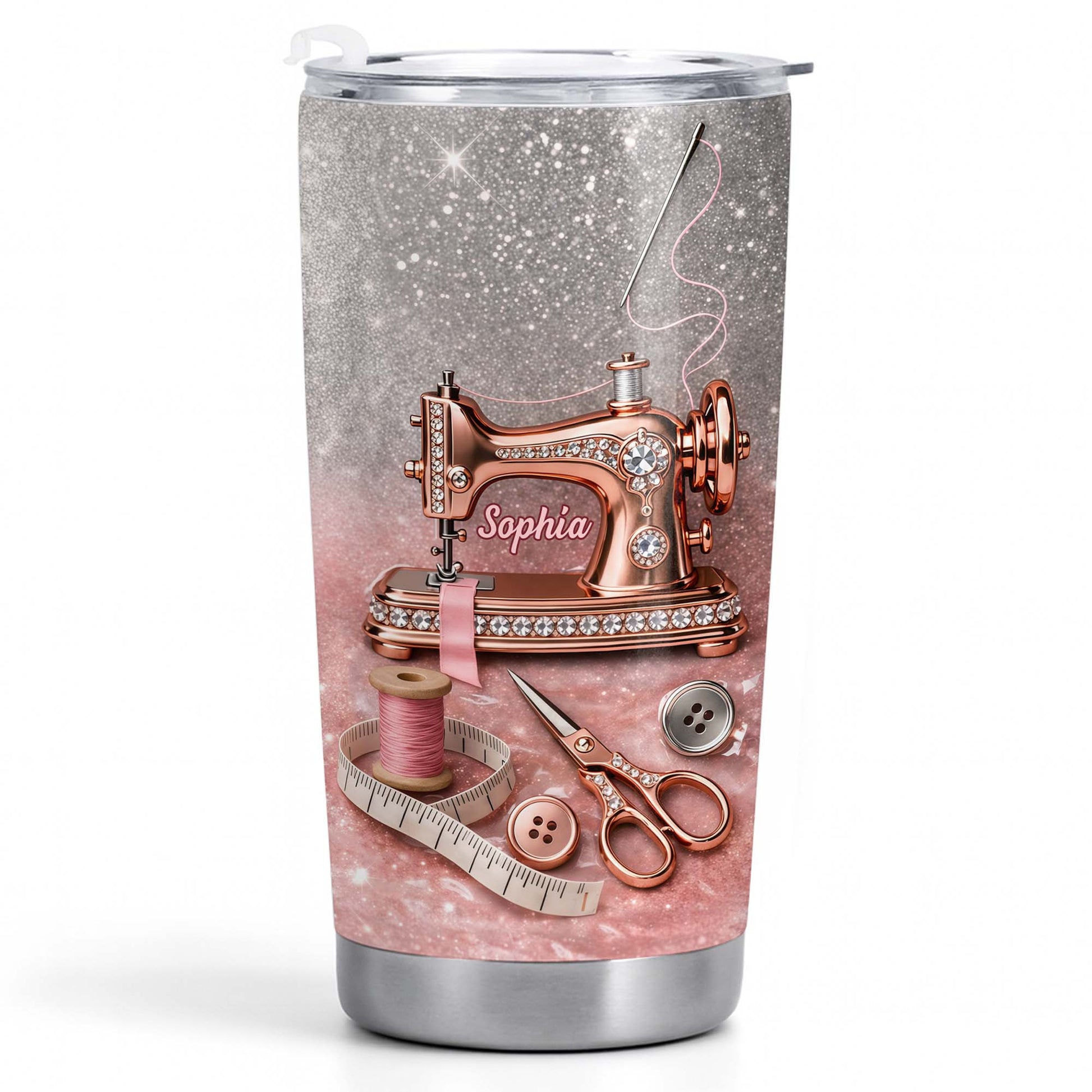 Vintage Sewing Machine and Tailor Tools With Glitter Background - Personalized Custom Stainless Steel Tumbler 20oz 30oz - HAND016_TB