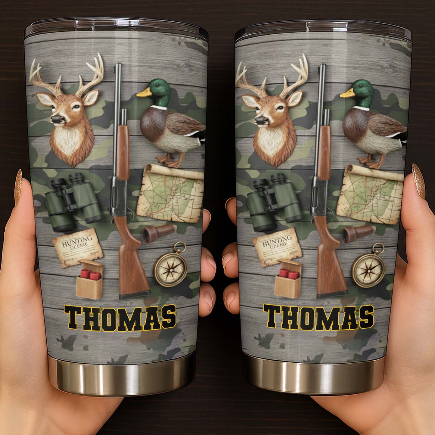 Hunting License Gear And Trophies With Deer And Duck - Personalized Custom Stainless Steel Tumbler 20oz 30oz - HTG015_TB