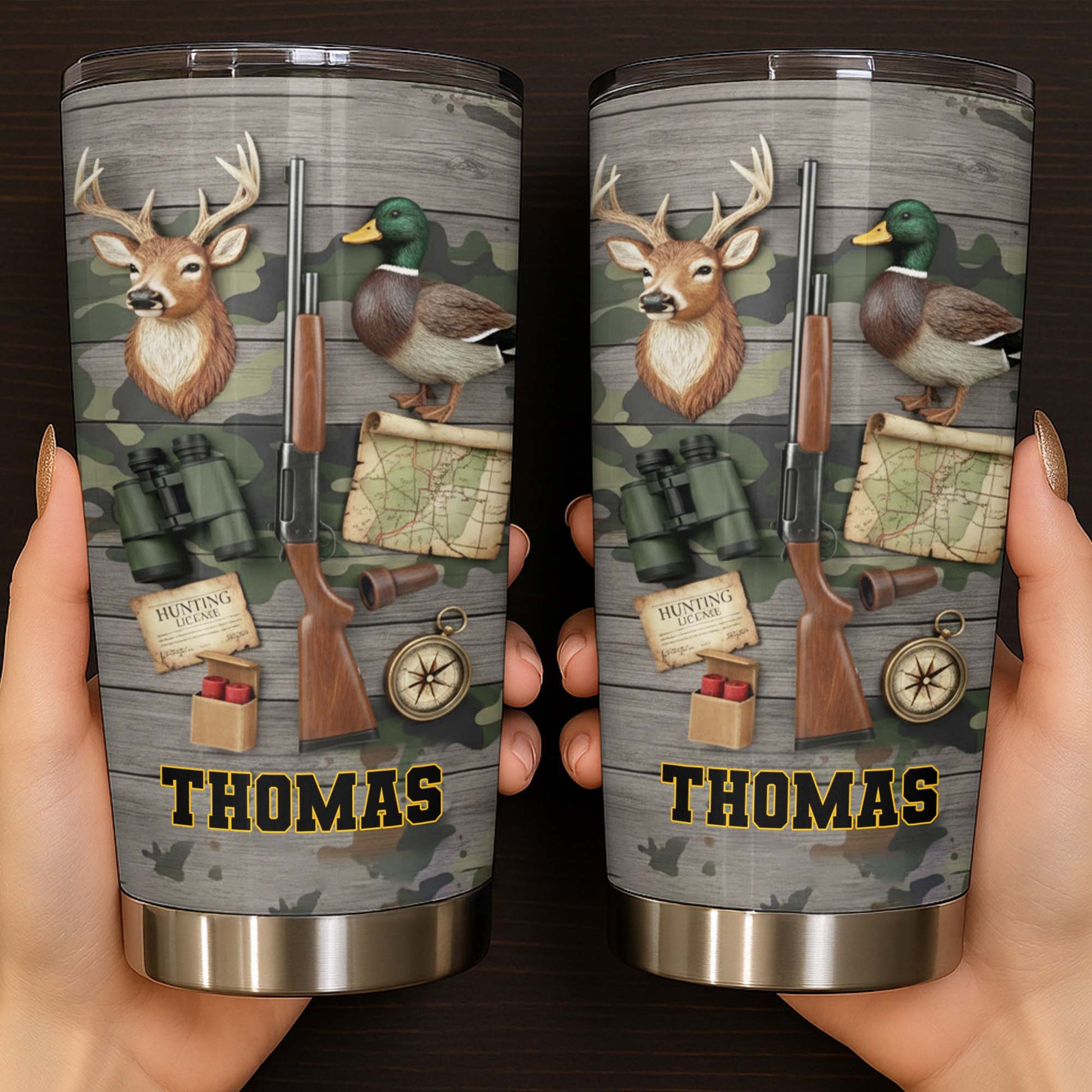 Hunting License Gear And Trophies With Deer And Duck - Personalized Custom Stainless Steel Tumbler 20oz 30oz - HTG015_TB