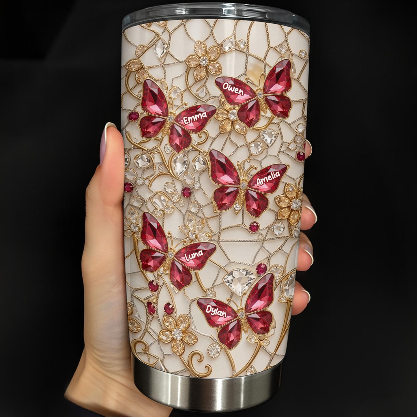 Beautiful Butterflies Dancing Jewelry And Flowers Lace Design - Personalized Custom Stainless Steel Tumbler 20oz 30oz - MOM229_TB