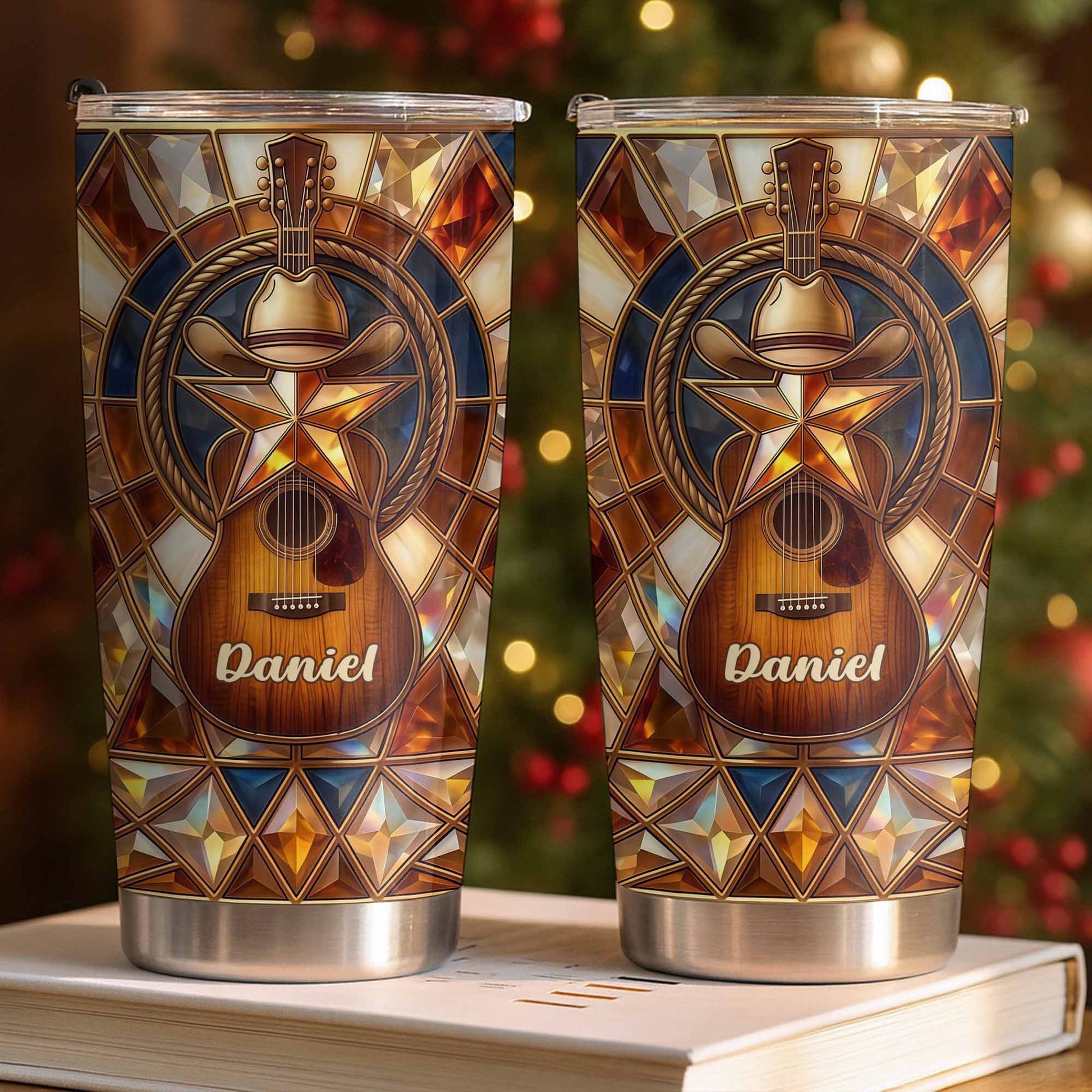 Stained Glass Country Music Spirit With Guitar And Cowboy Hat - Personalized Custom Stainless Steel Tumbler 20oz 30oz - MUSIC014_TB