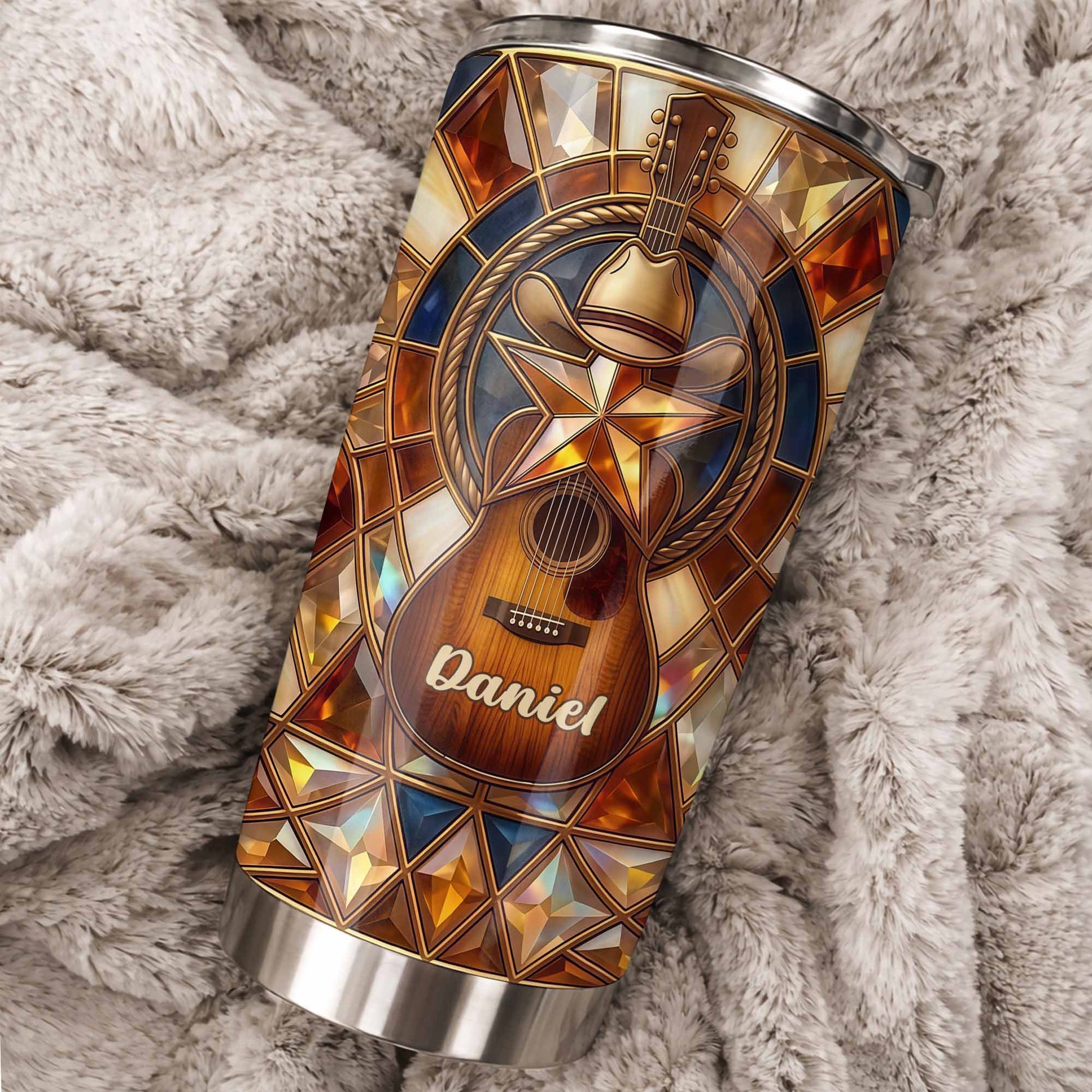 Stained Glass Country Music Spirit With Guitar And Cowboy Hat - Personalized Custom Stainless Steel Tumbler 20oz 30oz - MUSIC014_TB