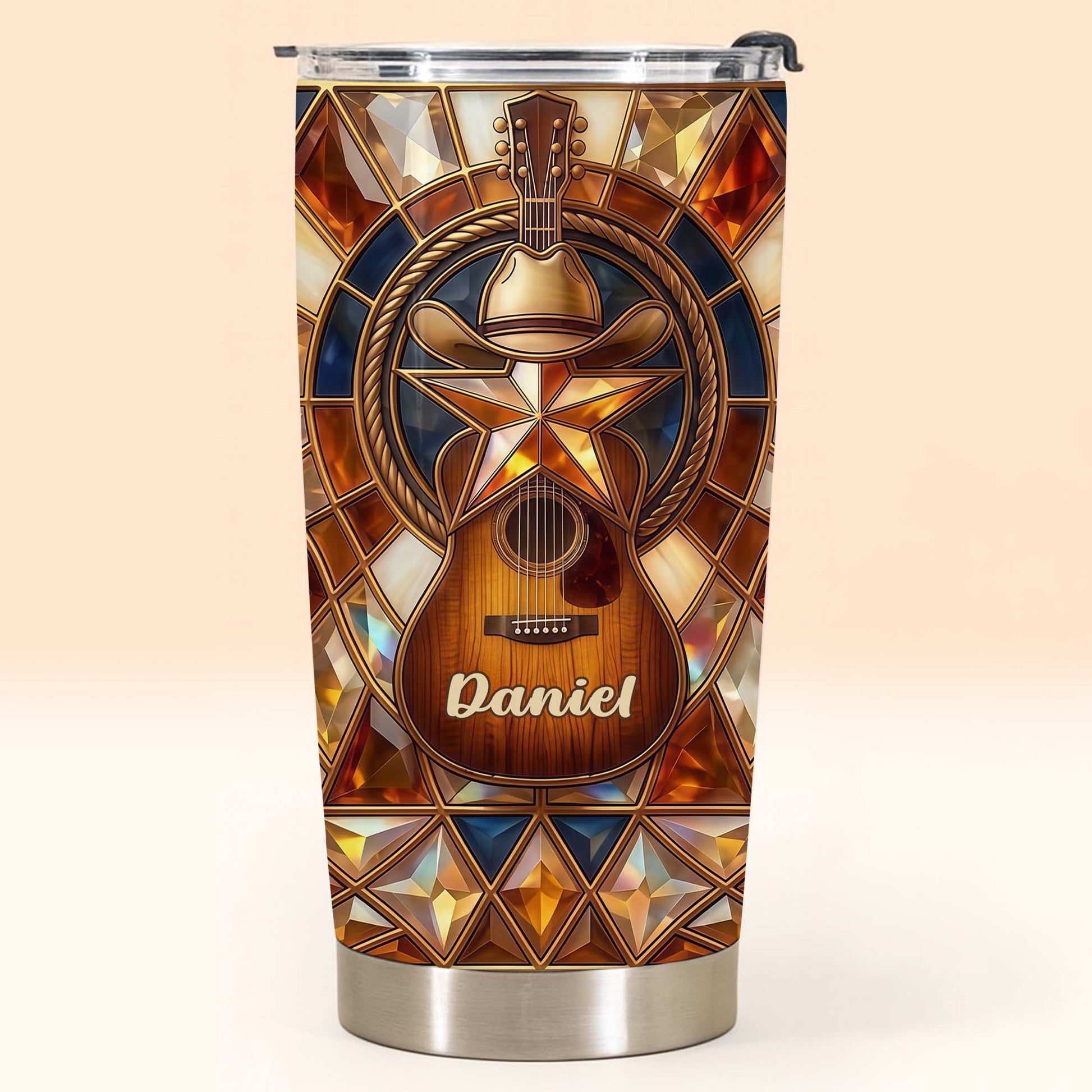 Stained Glass Country Music Spirit With Guitar And Cowboy Hat - Personalized Custom Stainless Steel Tumbler 20oz 30oz - MUSIC014_TB