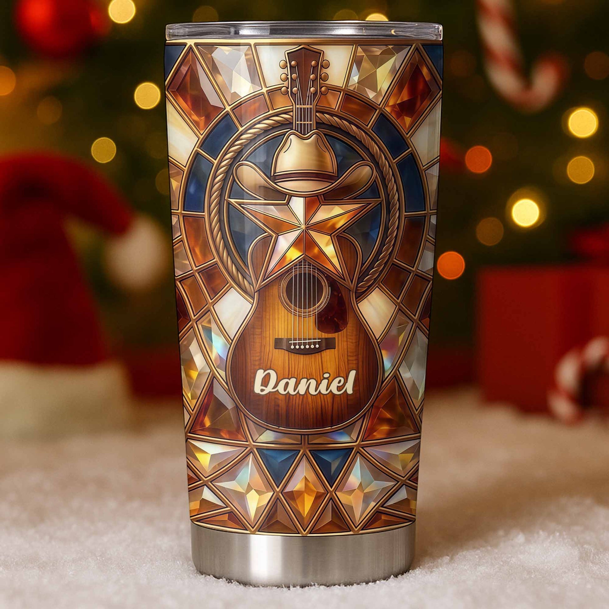 Stained Glass Country Music Spirit With Guitar And Cowboy Hat - Personalized Custom Stainless Steel Tumbler 20oz 30oz - MUSIC014_TB