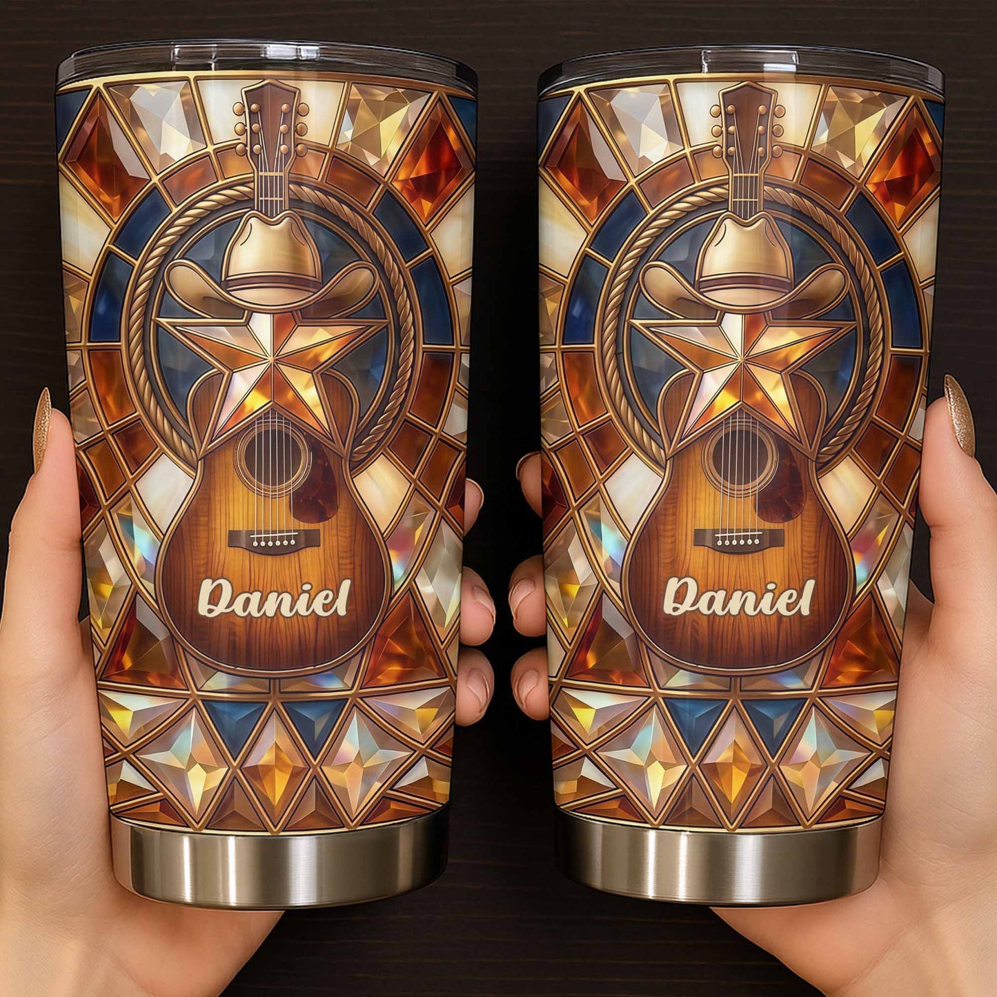 Stained Glass Country Music Spirit With Guitar And Cowboy Hat - Personalized Custom Stainless Steel Tumbler 20oz 30oz - MUSIC014_TB