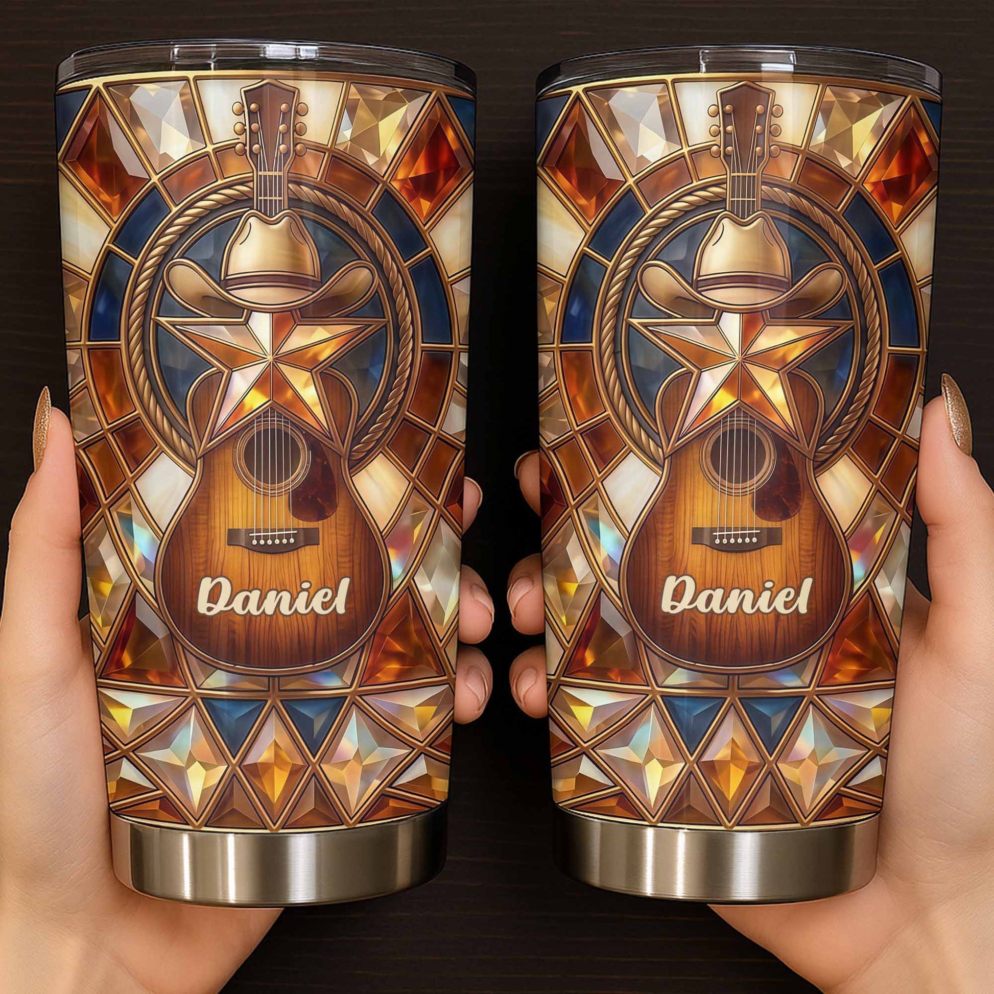 Stained Glass Country Music Spirit With Guitar And Cowboy Hat - Personalized Custom Stainless Steel Tumbler 20oz 30oz - MUSIC014_TB