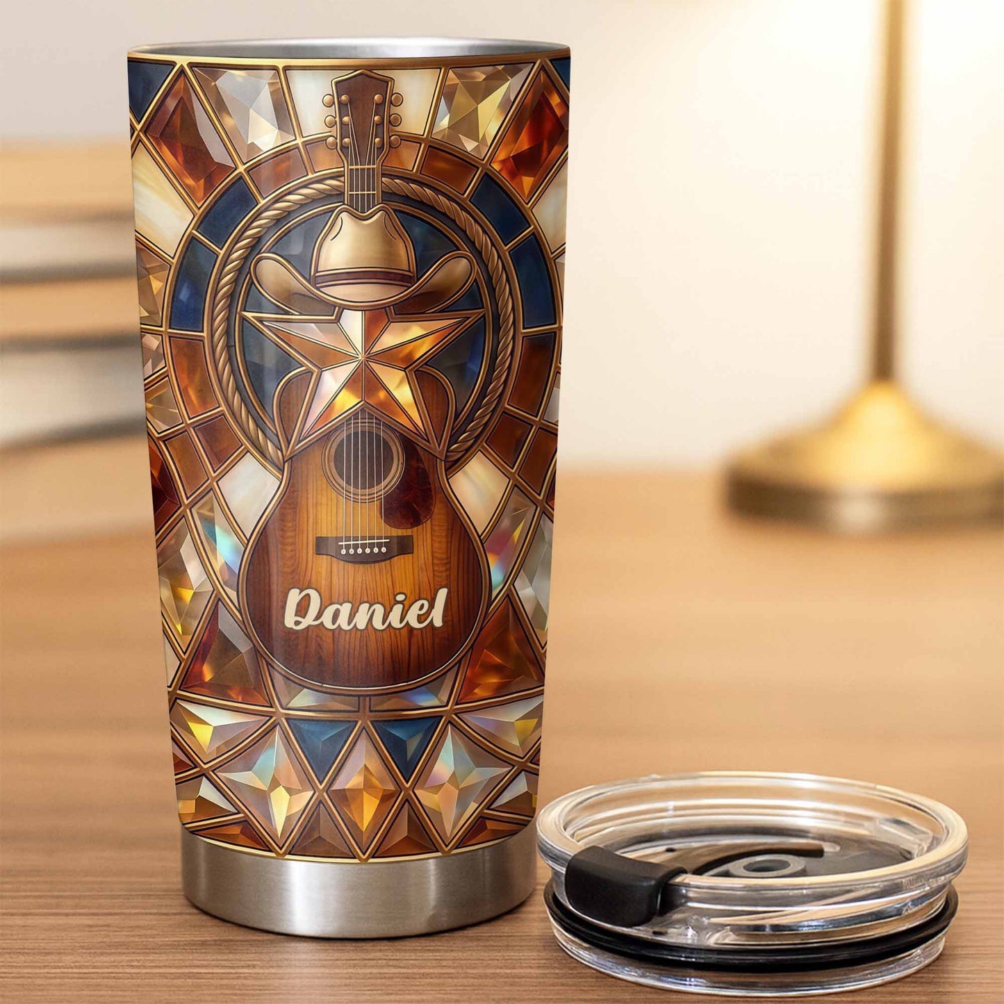 Stained Glass Country Music Spirit With Guitar And Cowboy Hat - Personalized Custom Stainless Steel Tumbler 20oz 30oz - MUSIC014_TB